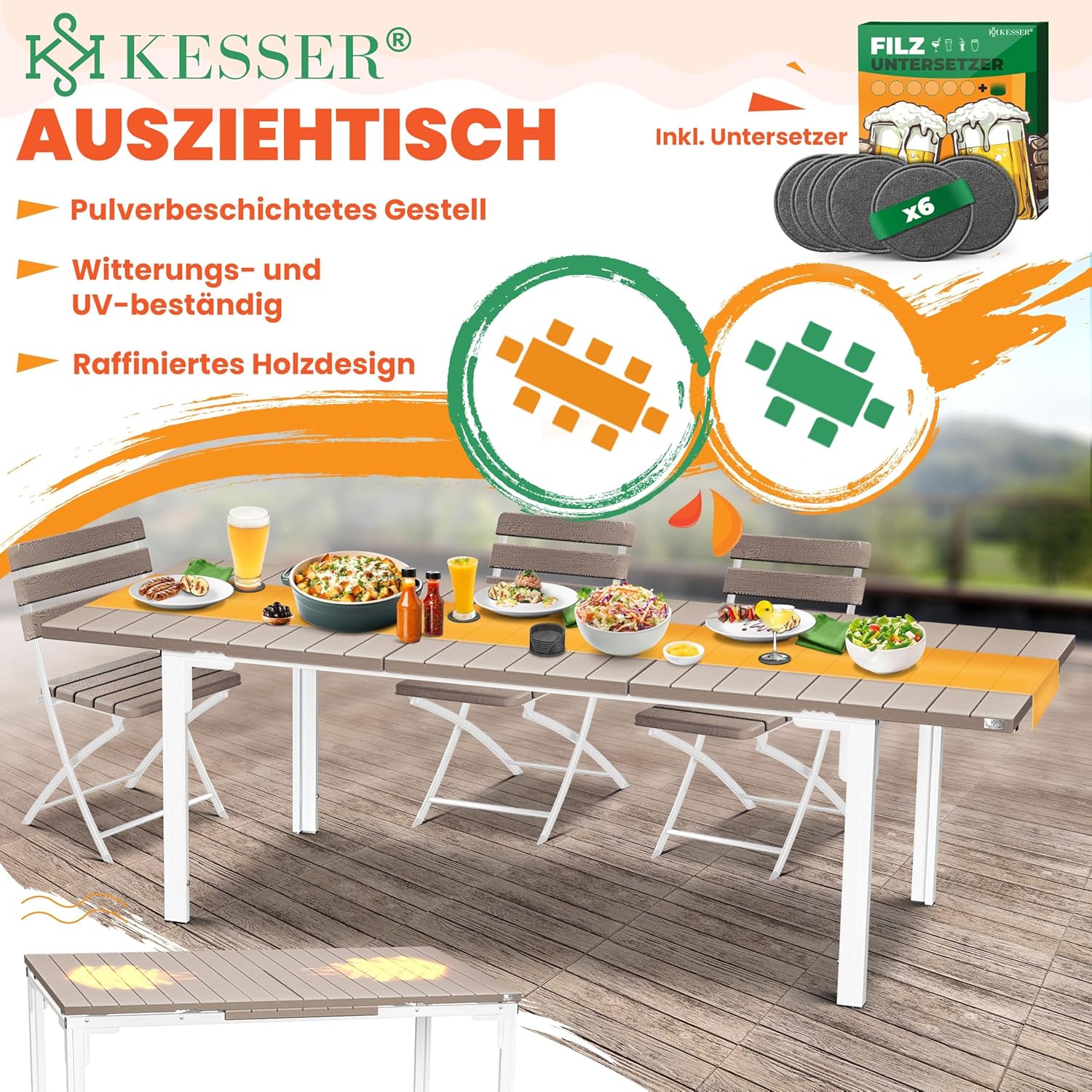 KESSER® Gartentisch ausziehbar Esstisch 180/240x90cm erweiterbar bis 8 Personen Ausziehtisch mit pulverbeschichtetem Stahl-Gestell & HDPE Tischplatte Wetterfest & UV-Beständig inkl. 6 Filz-Untersetzer