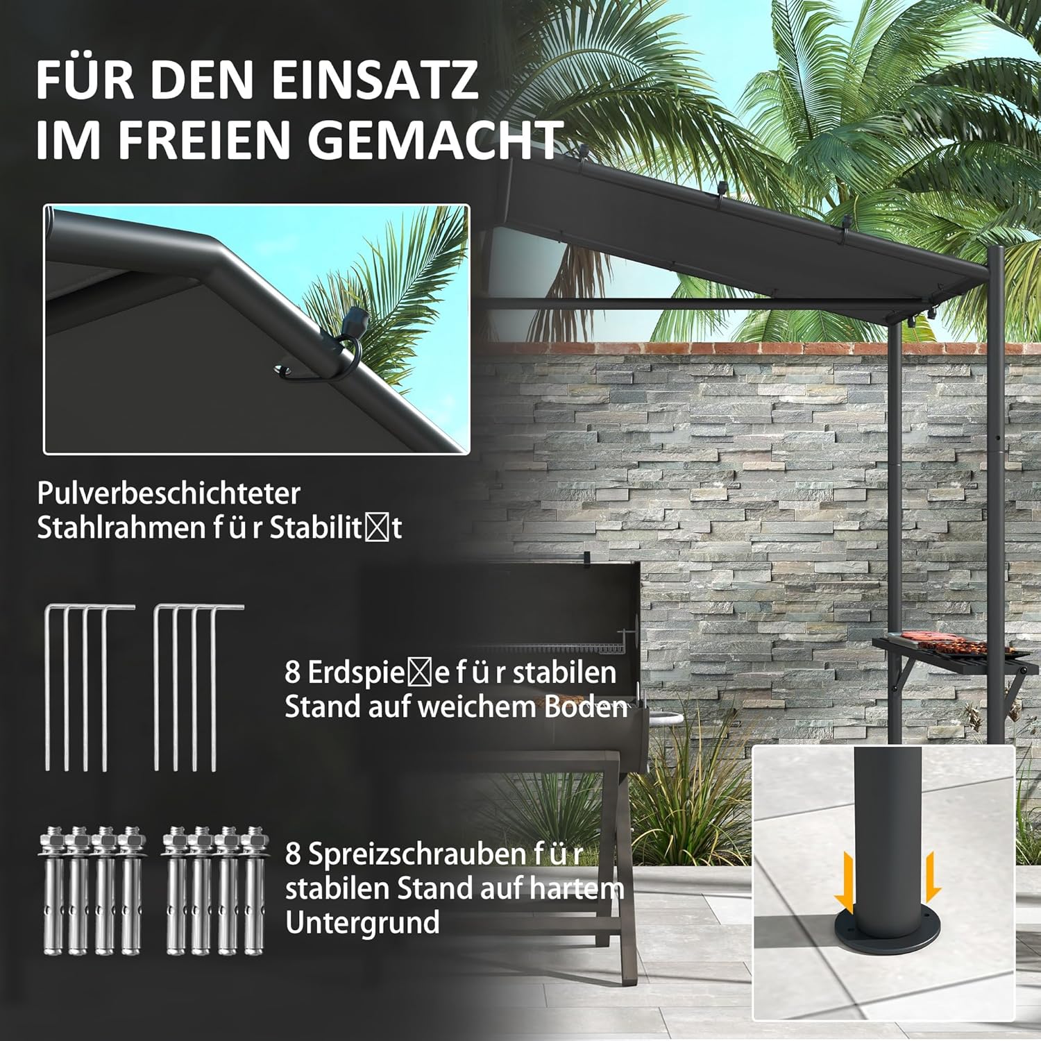 Outsunny Grillpavillon 277 x 149 x 230 cm wasserdicht flammhemmend Gartenpavillon mit Seitenregalen, Gartenlauben mit UV-Schutz, BBQ Pavillon aus Stahl, Gartenzelt Grillzelt für Party BBQ, Dunkelgrau