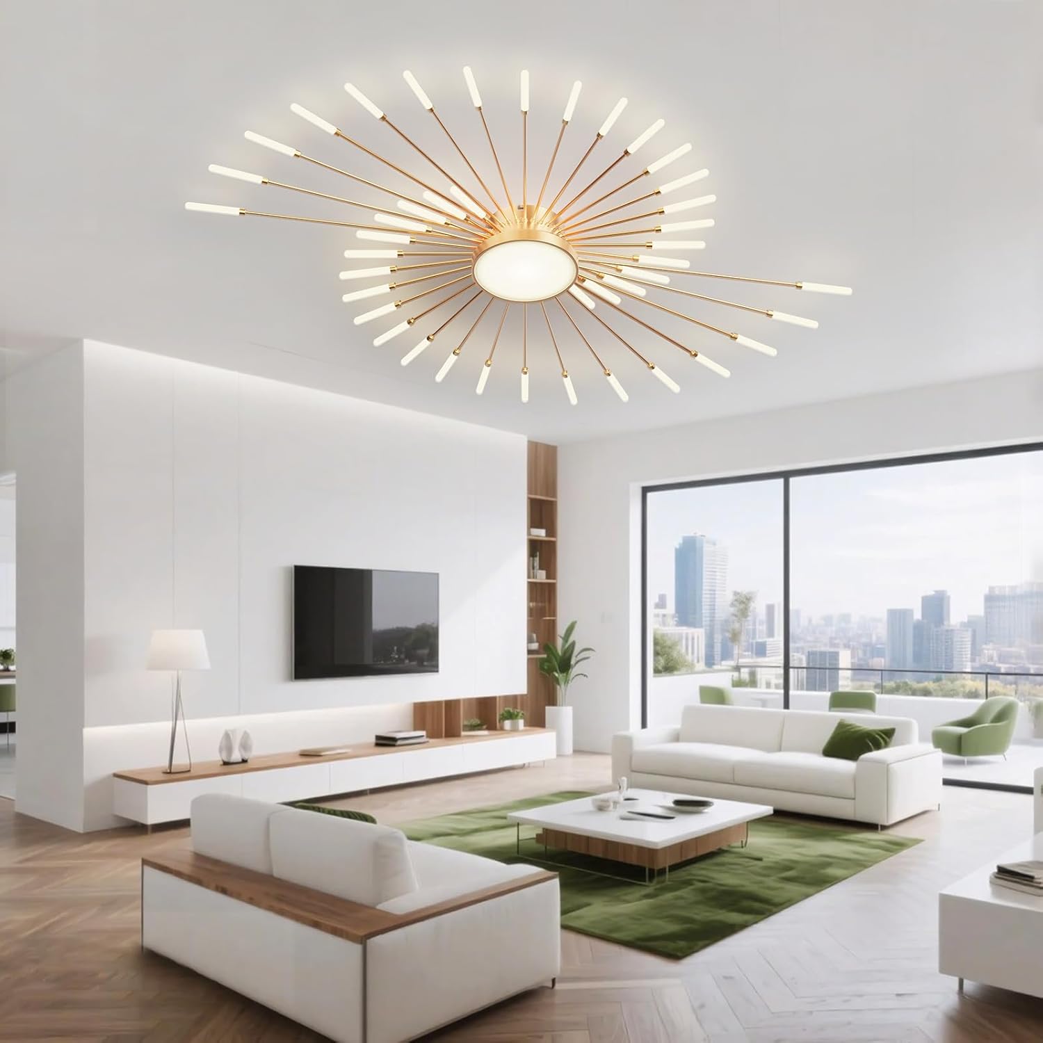 LED Deckenleuchte Wohnzimmer,Wohnzimmerlampe Moderne Minimalistische Deckenlampe Gold Innen Dekorative Deckenbeleuchtung für Wohnzimmer,Schlafzimmer und Büro(42+1 Köpfe, Gold)