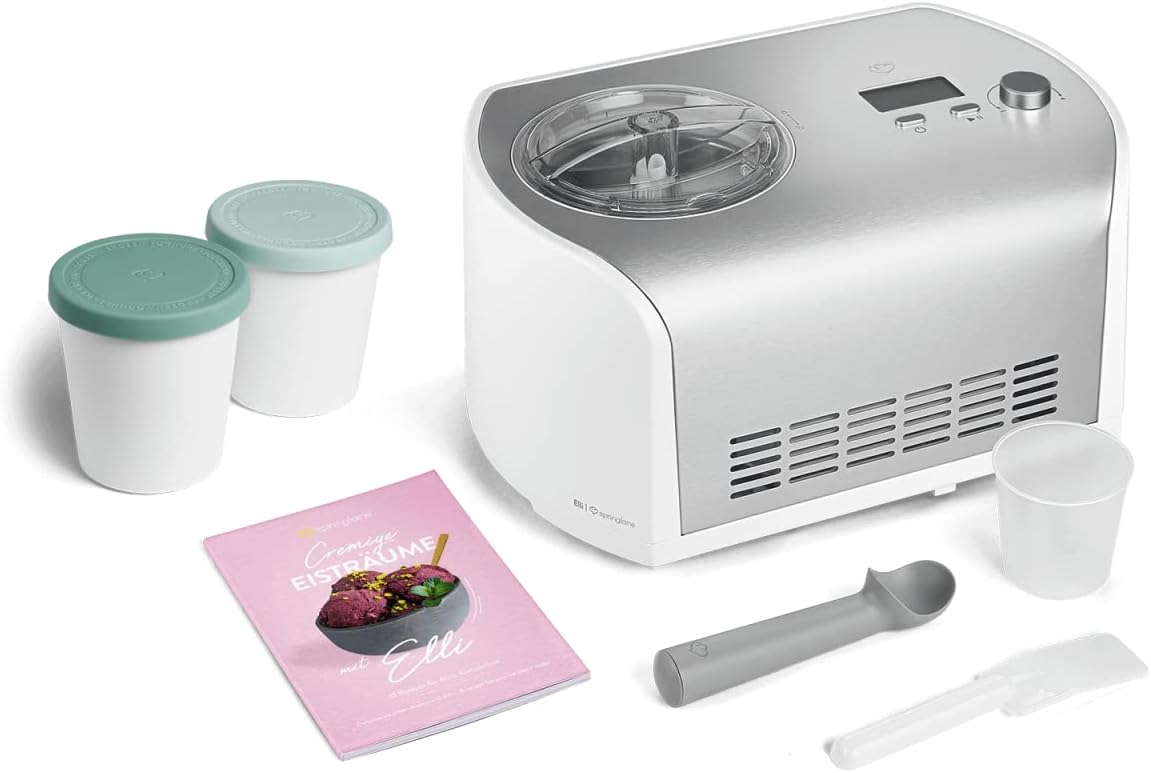 SPRINGLANE Eismaschine Elli 1,2 L mit selbstkühlendem Kompressor 135 W inkl. Aufbewahrungsbehälter 2er-Set, Eiscrememaschine aus Edelstahl mit entnehmbarem Eisbehälter, inkl. Rezeptheft