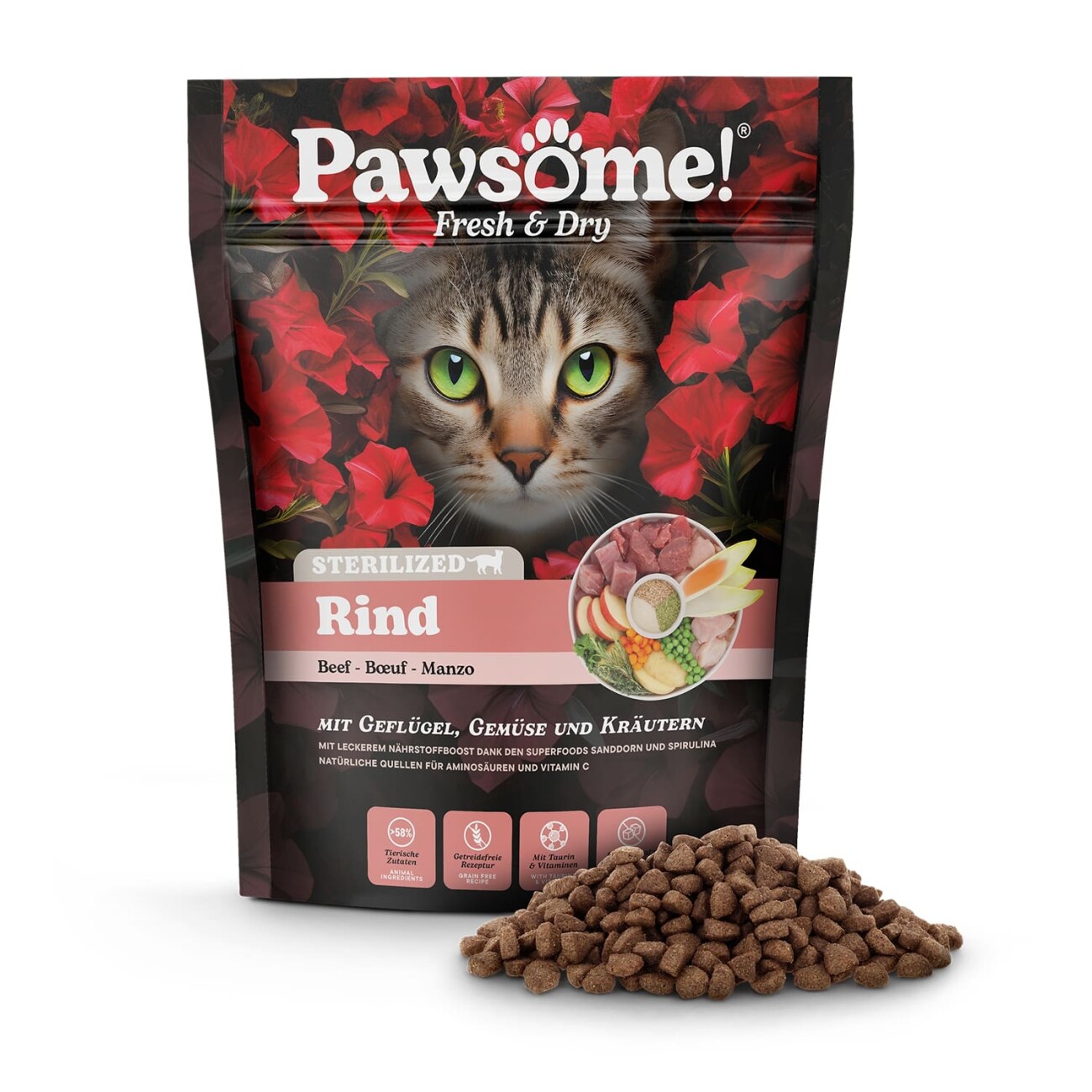 Pawsome PAW Fresh & Dry Trockenfutter Katze, Adult, Sterilised Rind 750 g