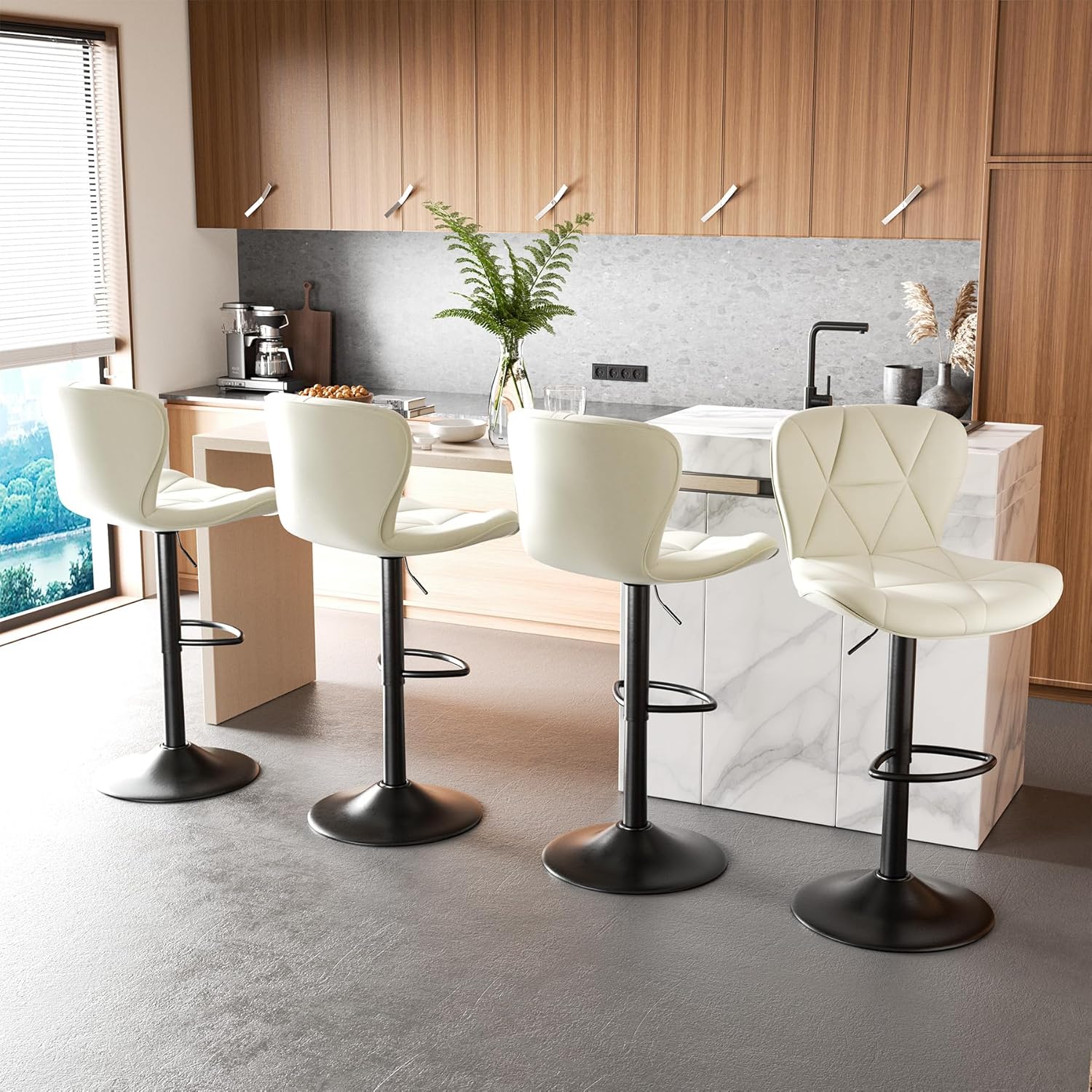 Barhocker 2er Set |Barstuhl Höhenverstellbar mit Rückenlehne, Höhenverstellbar, 360° Drehbar, Kunstleder, für Esszimmer Heimbar Kücheninsel, 2 x Hocker, Weiß