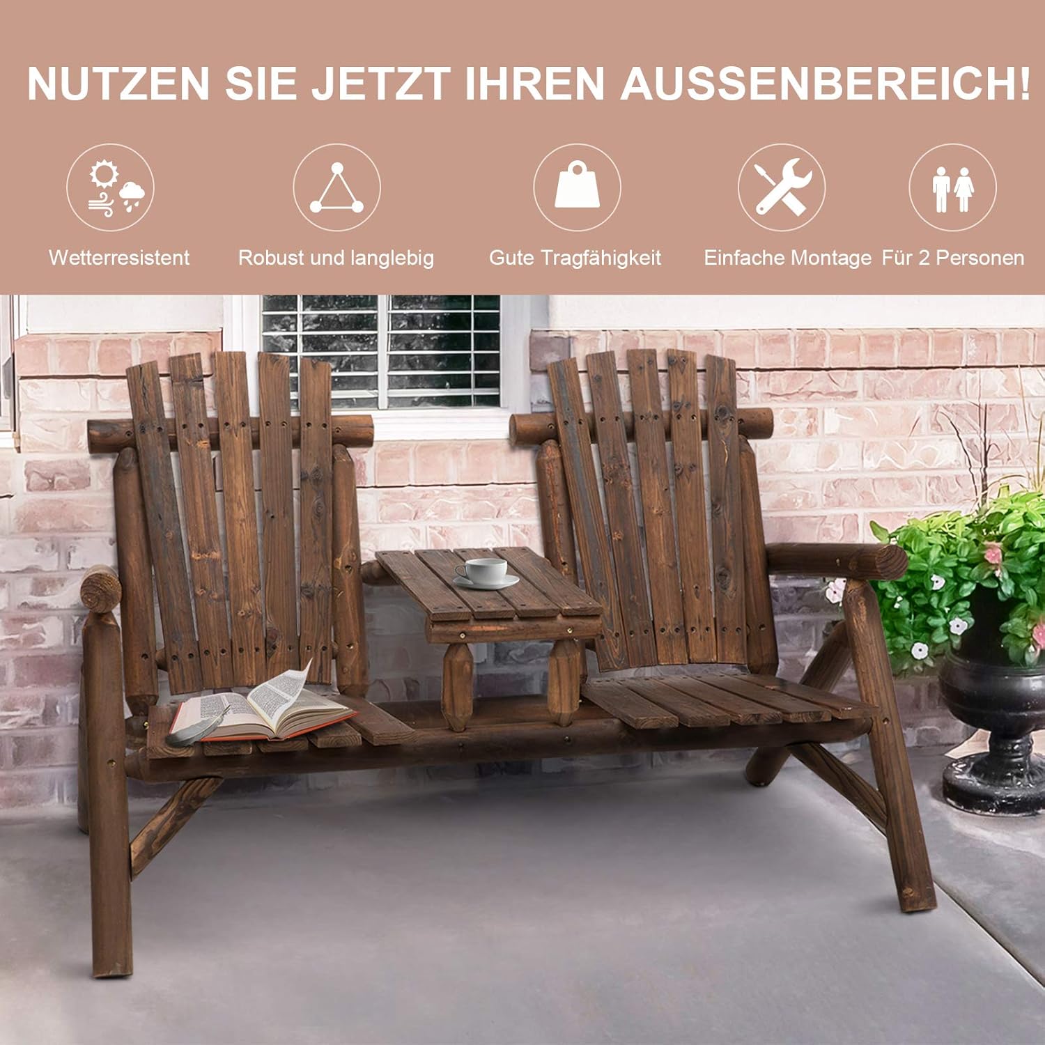 Outsunny Gartenbank mit Tisch, Gartenmöbel, Sitzbank, 2 Stühle, Massivholz, Braun, 157 x 88 x 103 cm