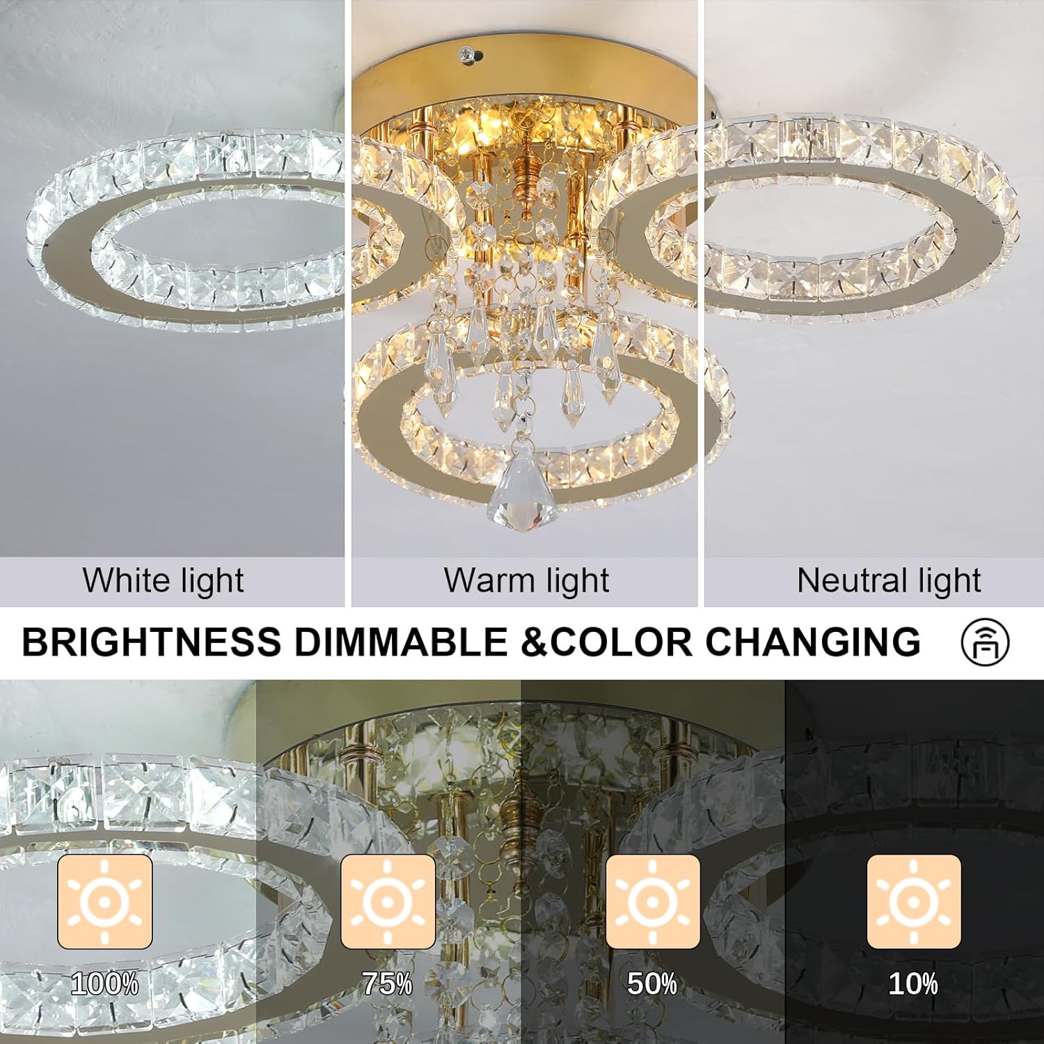 VETRULUS Moderner Kristall-LED-Kronleuchter – Goldene Deckenleuchte mit 3 Ringen, Dimmbar für Schlafzimmer, Esszimmer, Flur