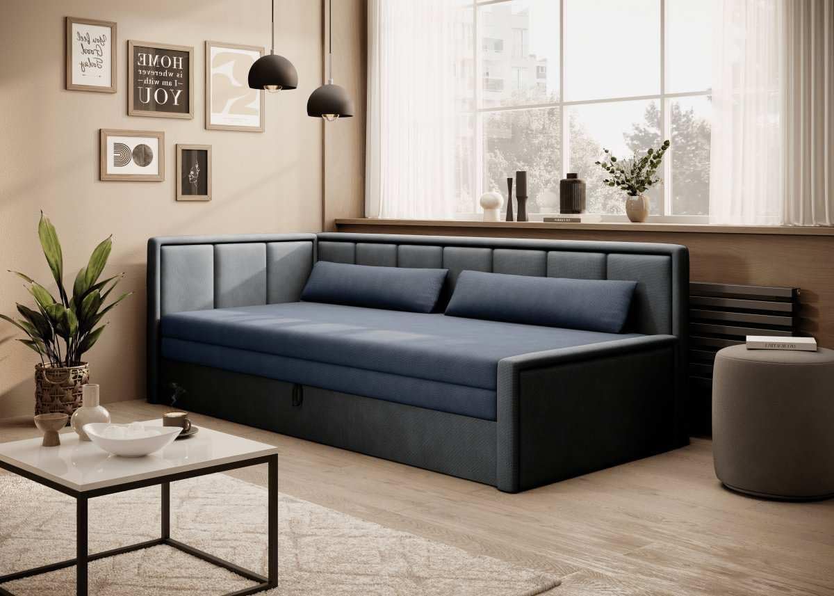 Luxusbetten24 Designer Sofa Fellano mit Schlaffunktion und Stauraum | Bezug: Samt | Farbe: Anthrazit/Blau | Stellvariante: Links
