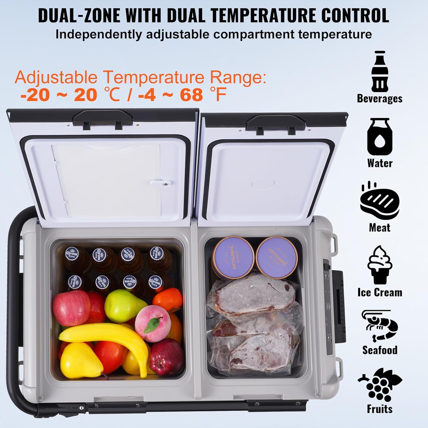 VEVOR Tragbarer Autokühlschrank, 12-Volt-Autokühlschrank, 50 L tragbarer Dual-Zone-Gefrierschrank, -20 bis 20 ℃ einstellbare Temperatur, Kompressorkühler für Zuhause, Outdoor, Camping, Wohnmobil