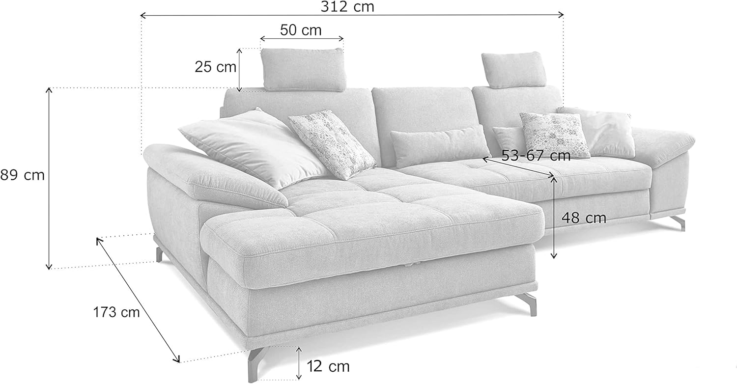 Cavadore L-Form-Sofa Castiel mit Federkern / Große Eckcouch mit Sitztiefenverstellung, Kopfstützen und XL-Longchair / 312 x 114 x 173 / Webstoff, Dunkelbraun