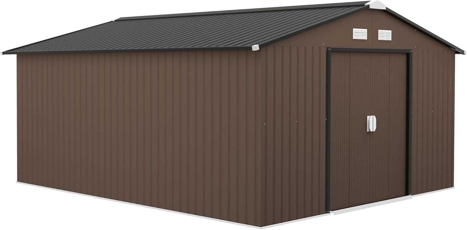 Outsunny Gerätehaus 12,4 m², Gartenhaus mit Satteldach, Schiebetür, Fundament, 386 x 340 x 200 cm, Geräteschuppen aus Verzinkter Stahl, wetterfest, für Garten, Braun