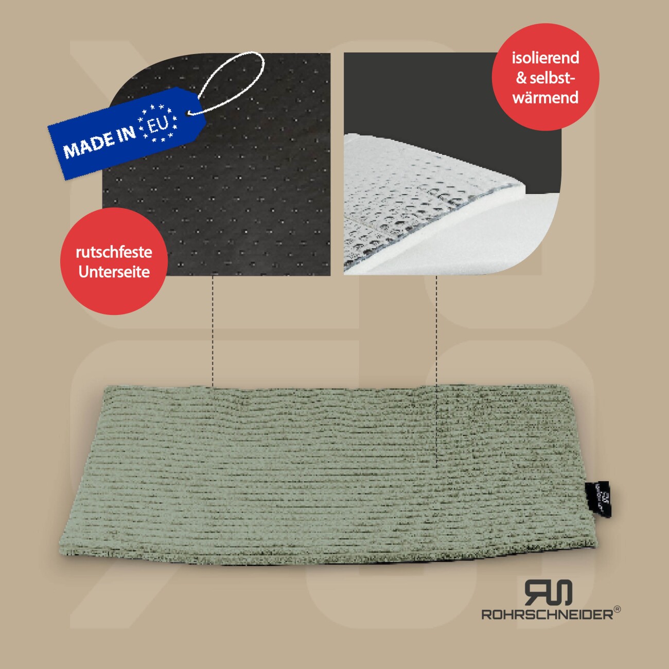 Rohrschneider ® Selbstwärmende Katzendecke, Fensterliege mit rutschfester Unterlage hellgrün 60 cm, 2 cm, 29 cm