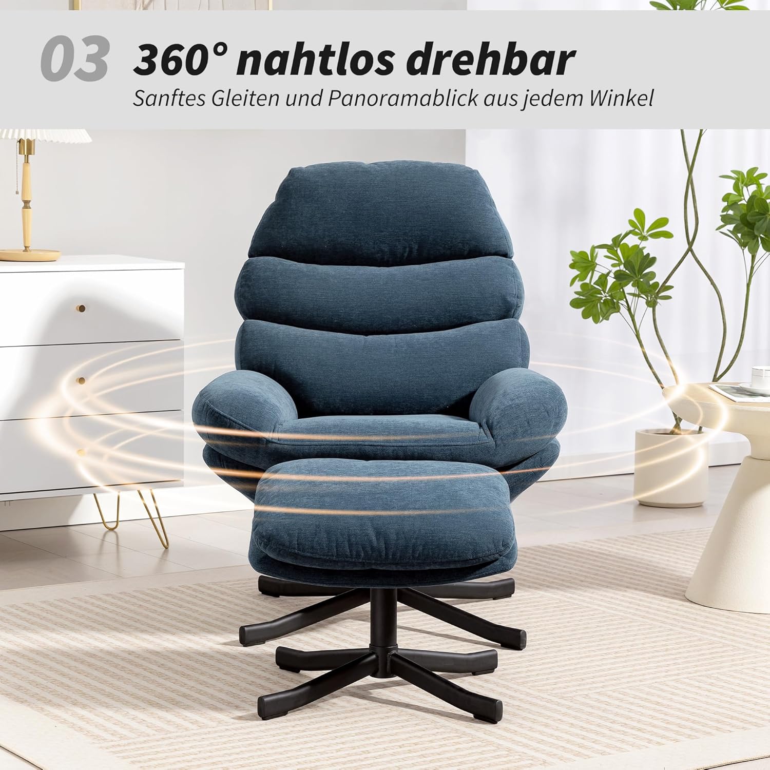 HOMCOM Relaxsessel mit Hocker Sessel Loungesessel mit Chenille-Optik breiter Sitzfläche Drehbar Polstersessel Armlehnensessel für Wohnzimmer, Schlafzimmer, Blau