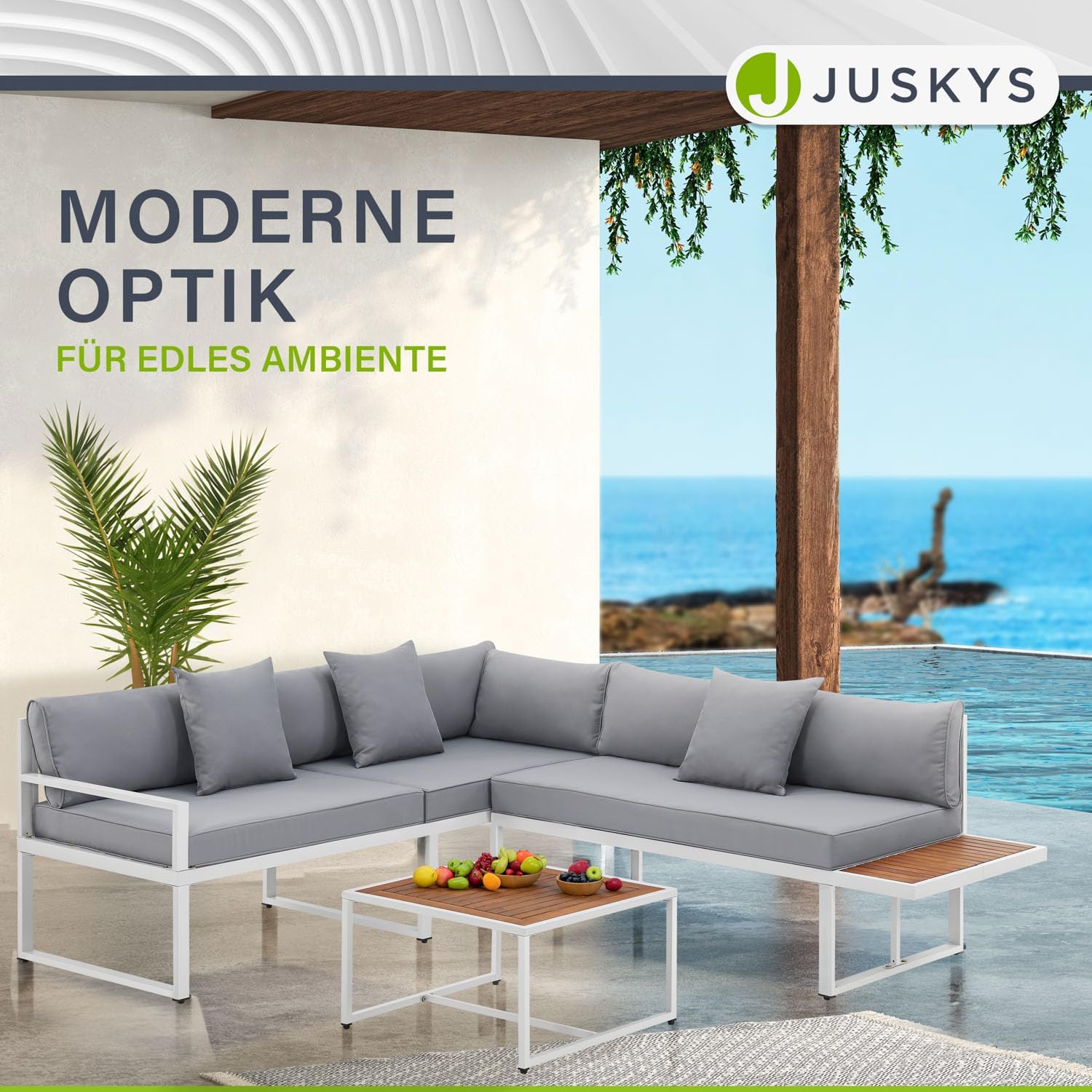 Juskys Gartenmöbel Lounge St. Tropez - 4 Personen Sitzecke - Set mit Tisch, Ecksofa & Kissen - Möbel für Balkon & Garten - Holz Balkonmöbel Weiß