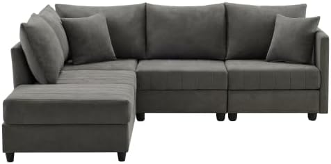 Modulares Ecksofa 5-Sitzer mit Hocker – verstellbar L- & U-Form, große Wohnlandschaft, Federkern Sofa, Baumwolle-Leinen Bezug, Grau