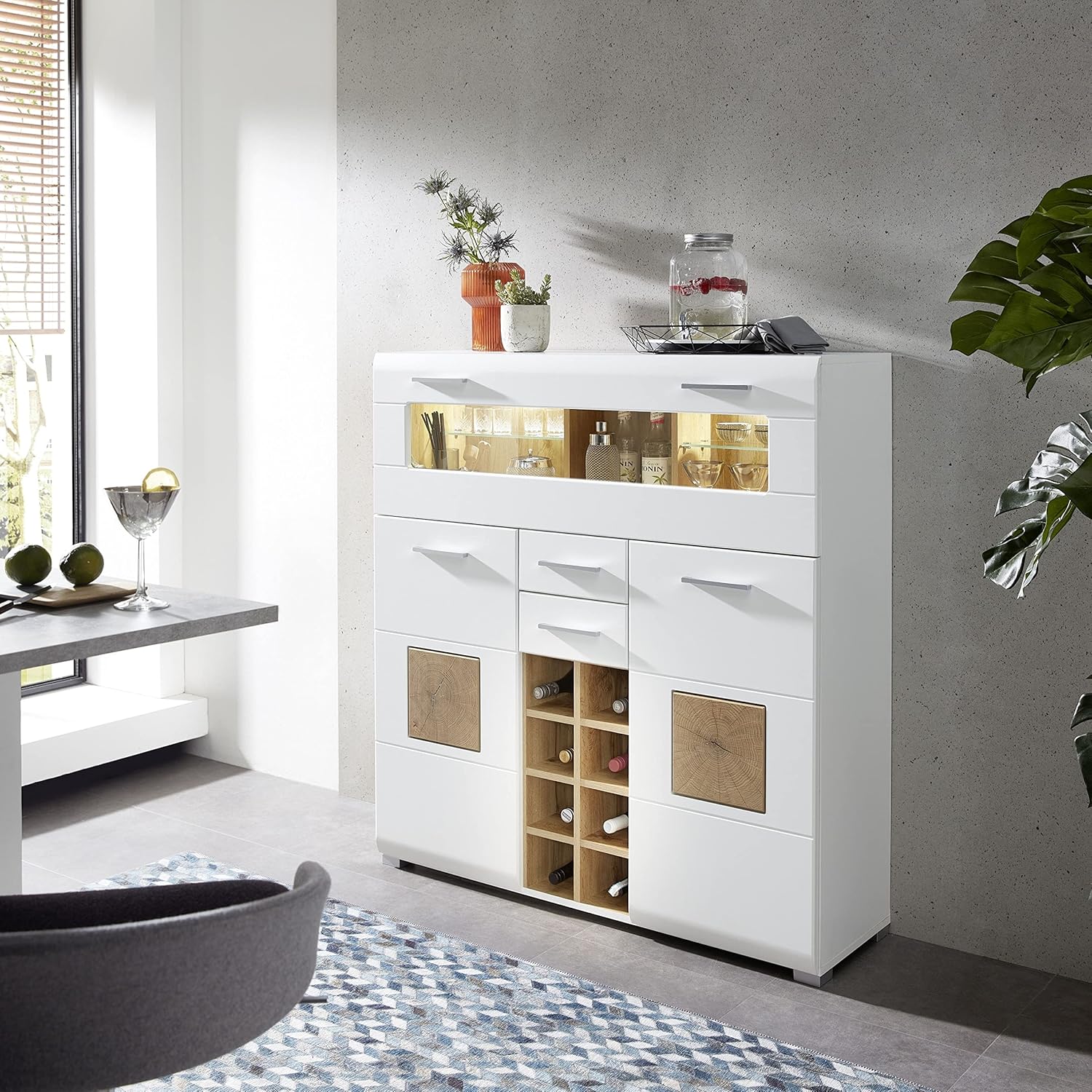 10A1WW22 Fun Plus Weiß/Eiche Altholz Nb. Barschrank Bar Kommode Theke Sideboard Getränke ca. 120 x 129 x 37 cm