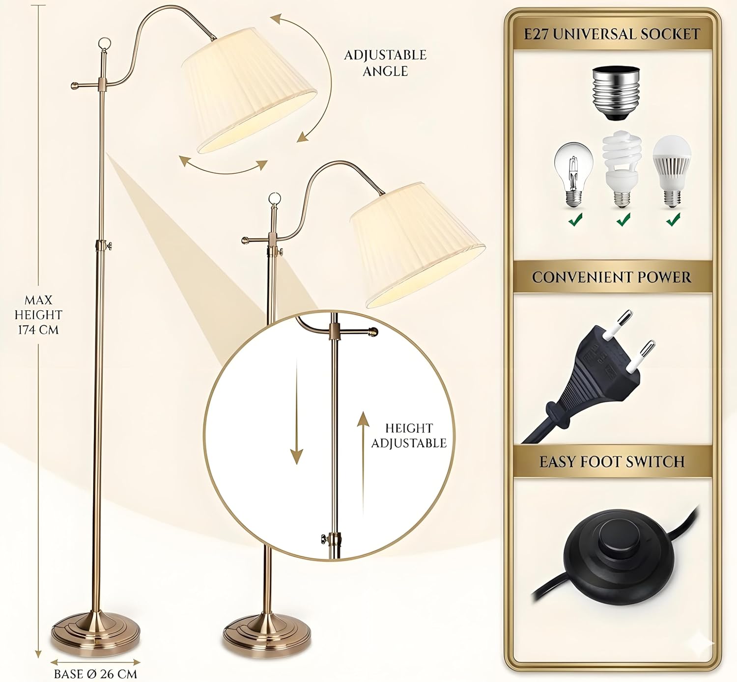 Stehlampe Wohnzimmer Vintage Stehlampe mit Fernbedienung, 12W LED Retro Stehleuchte Dimmbar mit Schirm aus Stoff, E27 Fassung, für Schlafzimmer Arbeitszimmer, Bronze