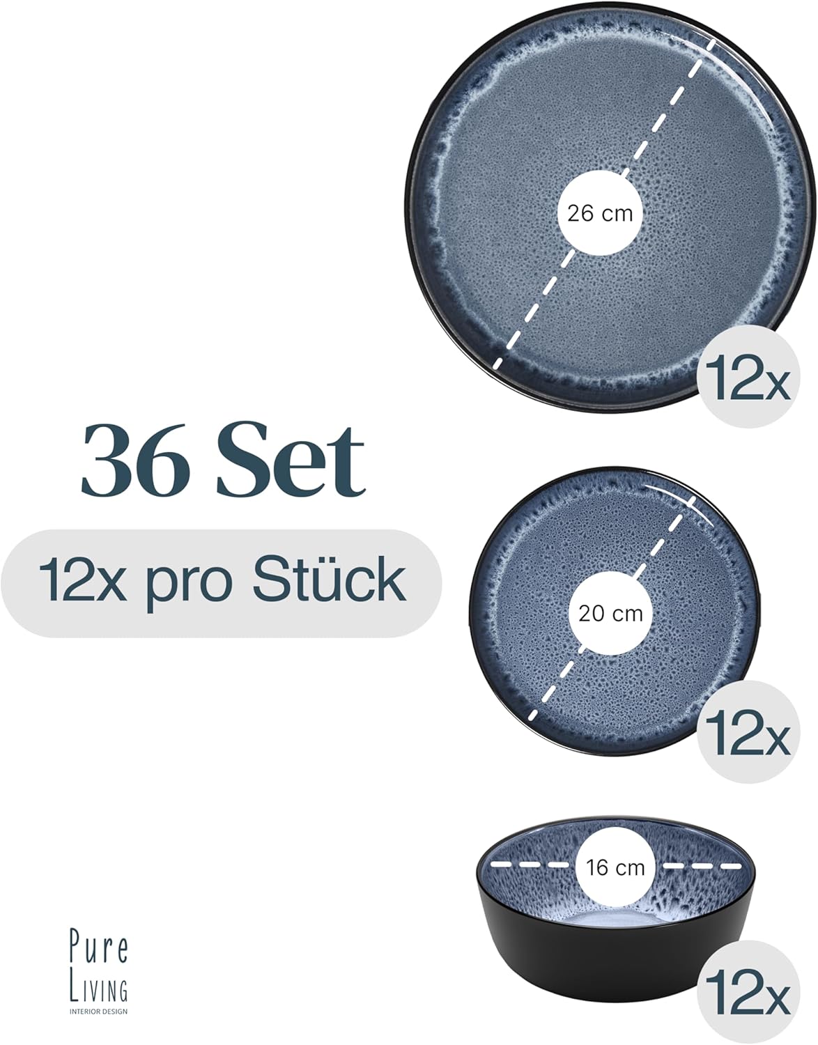 Steingut Geschirrset 12 Personen Ibiza 36 tlg. TESTSIEGER, Traumhaftes Mediterranes Steingut Geschirr Set, Schüssel- und Teller Set, Tafelservice 12 Personen, Geschirrsets Pure Living in Rauchblau