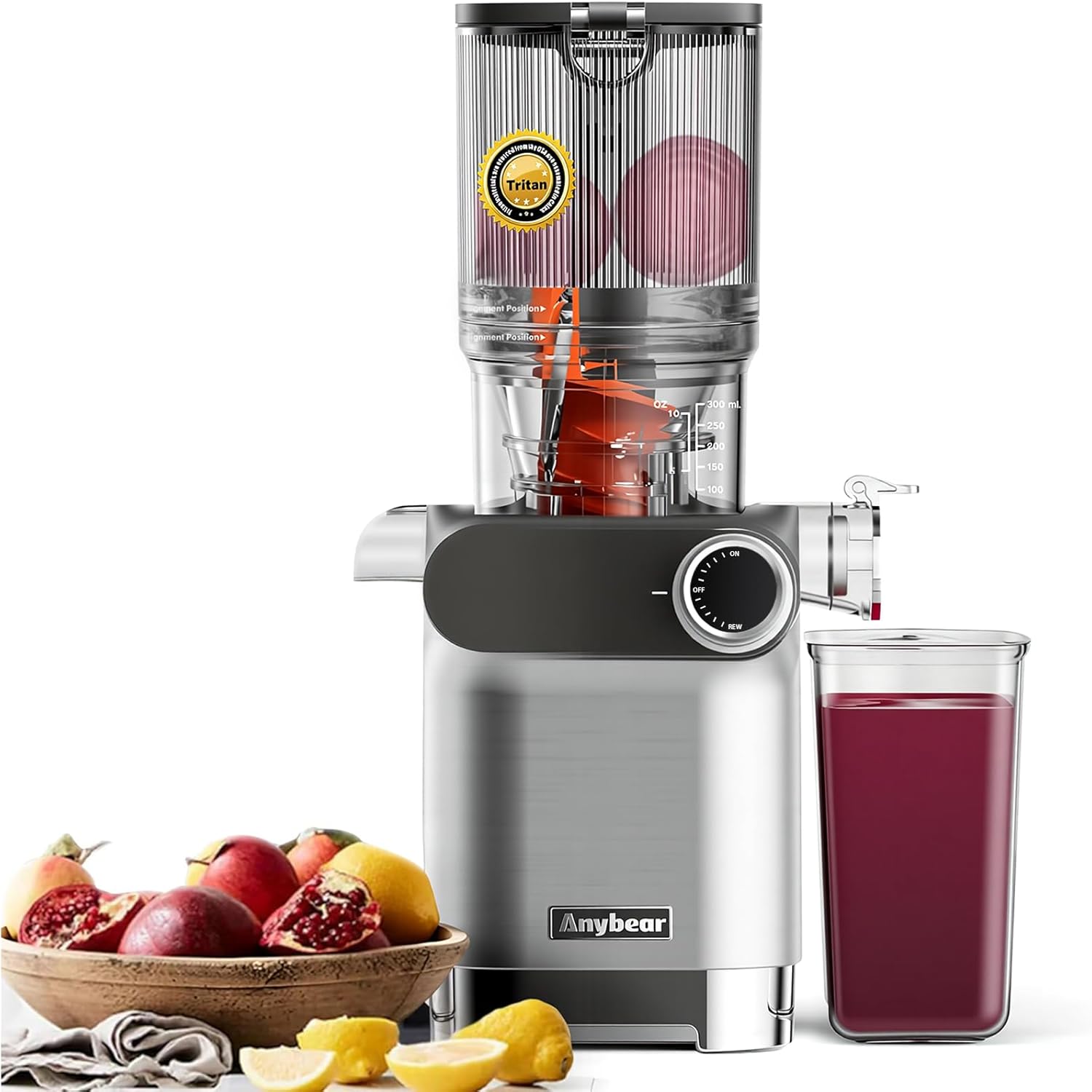 Anybear Entsafter, 200W Slow Juicer Kaltentsafter mit 110 mm großem Einfüllschacht für ganze Früchte/Gemüse | Upgraded Schnecke | Tritan-Material | BPA-frei | Inkl. Saftrezepte (silberweiß)