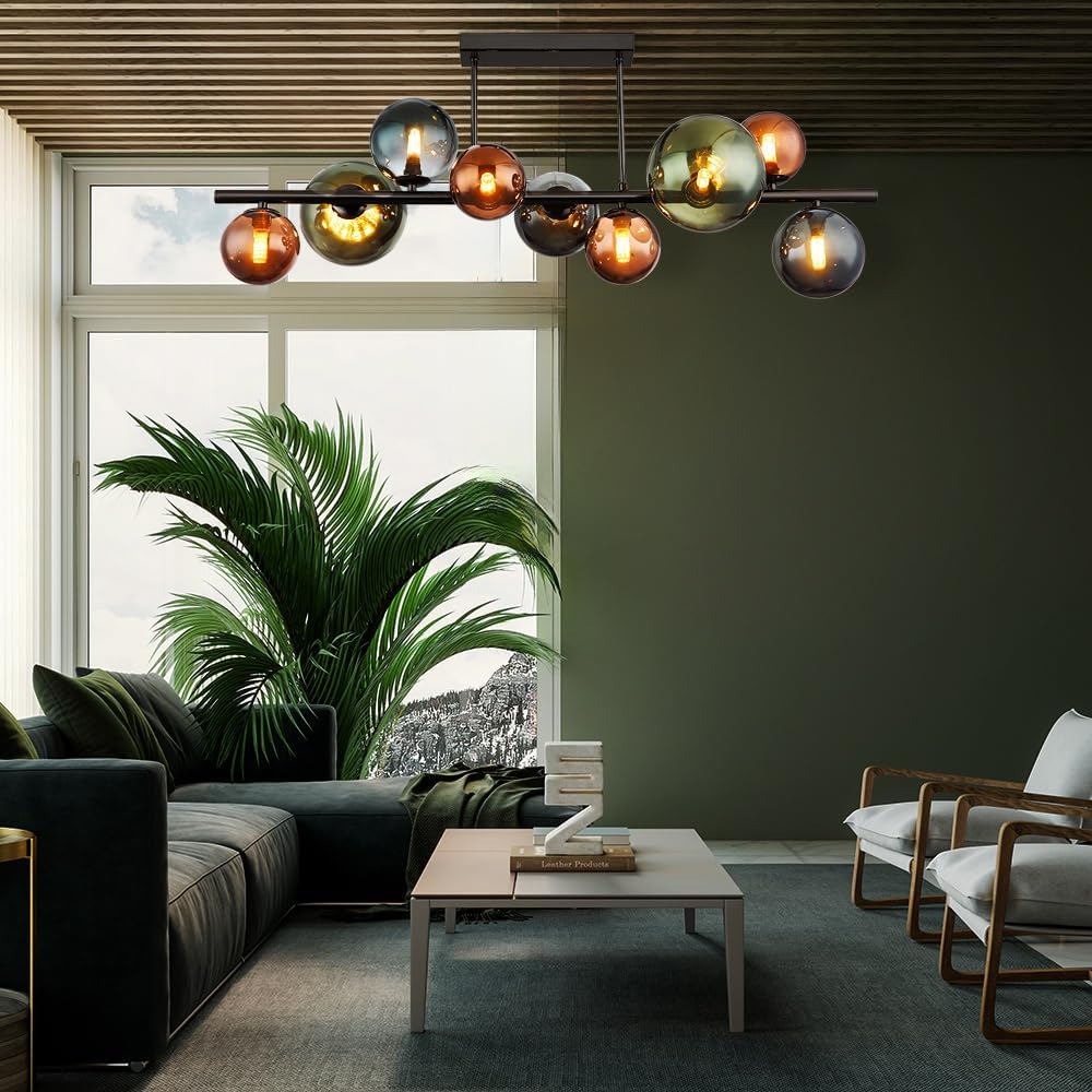 LED Deckenleuchte 9 Flammig Deckenlampe Glaskugeln Esszimmerleuchte Kugeln, bronze petrol grün, 9x 3,5W 350Lm warmweiß, LxBxH 87x30x38 cm