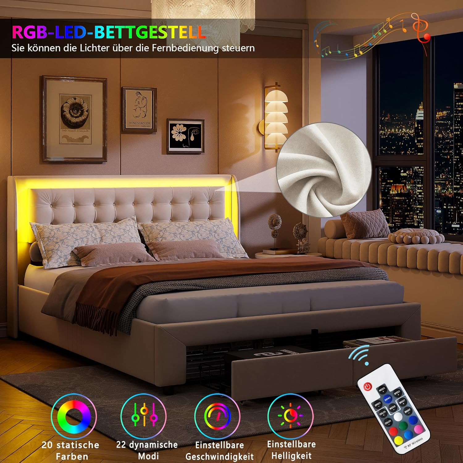 Bett 180x200 cm mit Stauraum und LED-Beleuchtung, Doppelbett mit Schublade, Hydraulisches Stauraumbett, Polsterbett, Lattenrost, Jugendbett, Beige Samt