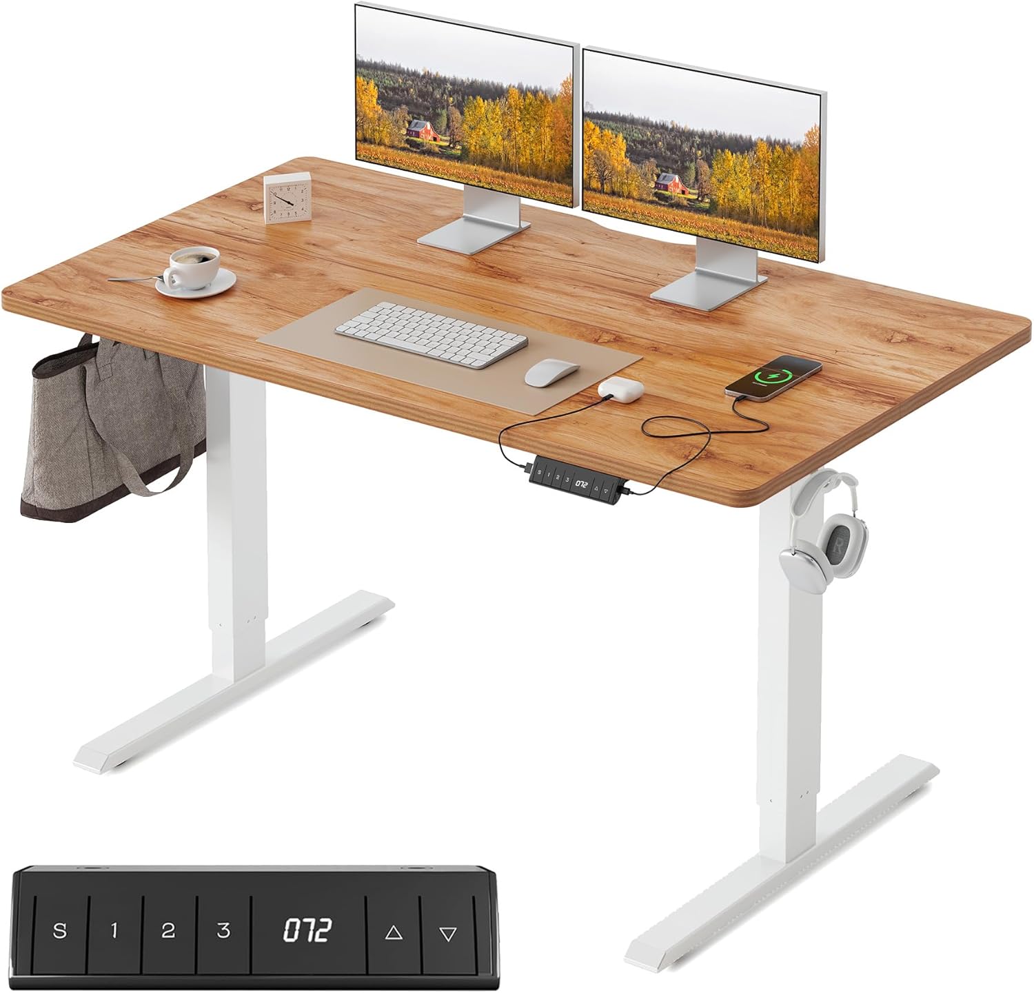 FEZIBO Höhenverstellbarer Schreibtisch mit USB-A und USB-C-Ladeanschlüssen, 120 x 60 cm Steh-Sitz Tisch, Schreibtisch Höhenverstellbar Elektrisch, Ergonomischer Computertisch Homeoffice, Hellbraun