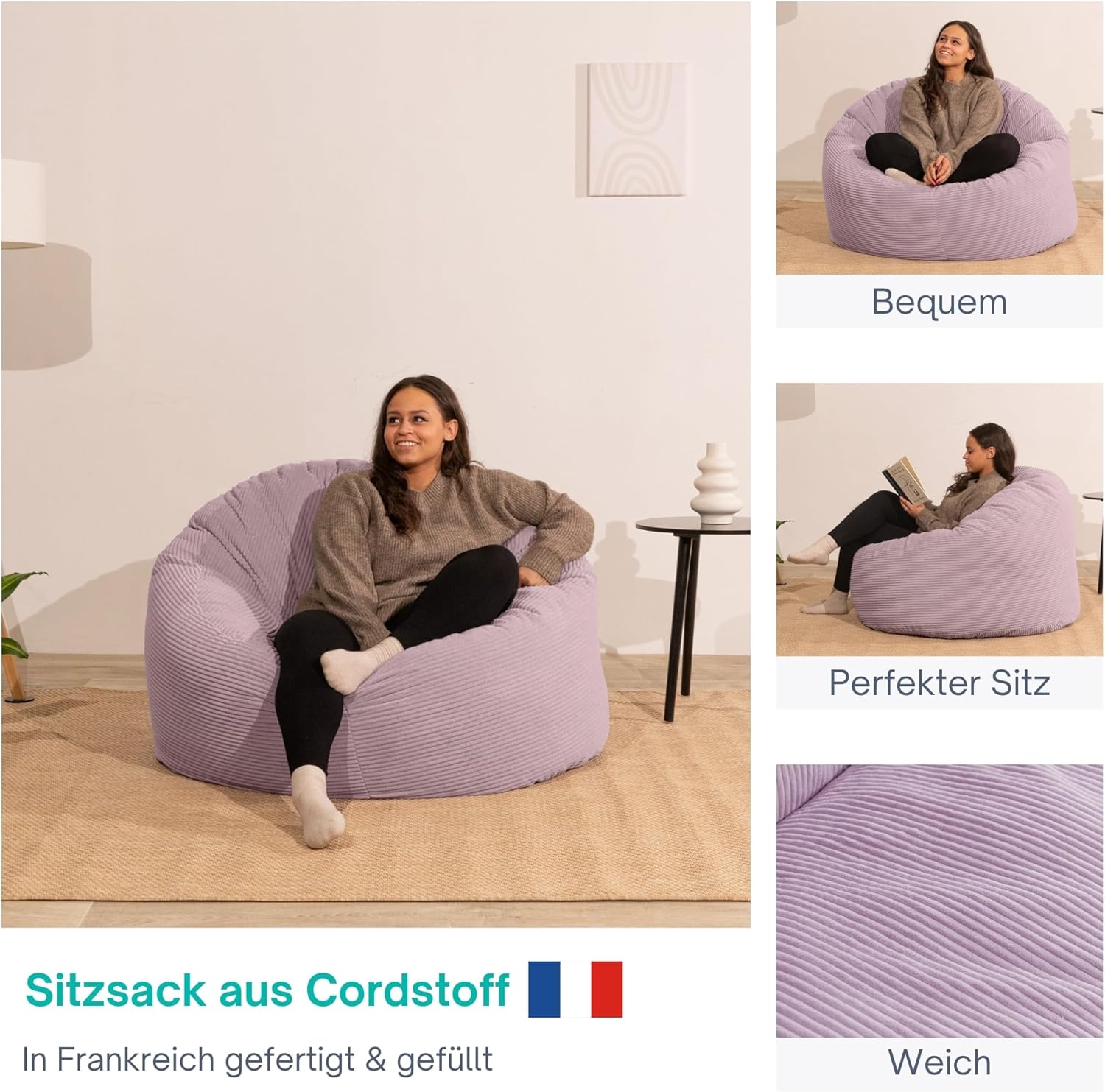 bananair - Sitzsack aus Cordstoff Breit Gerippt für Erwachsene und Kinder - Weich, Bequem und Elegant - Optimale Unterstützung - Sitzsack Sessel XXL mit Füllung, Bean Bag (100 cm, Lila Flieder)