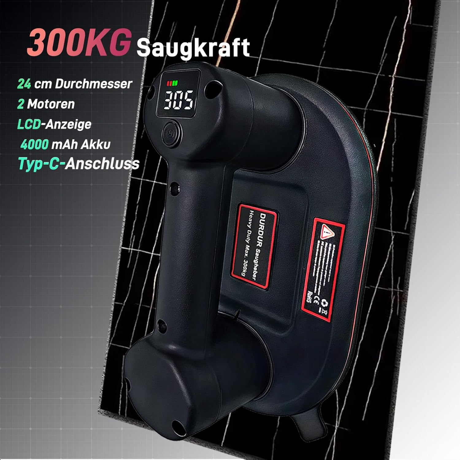 DURDUR 2 Pack 300KG Akku Vakuum Saugheber,9.4 Zoll Akku Saugheber für Fliesen,Elektrischer Saugheber Fliesenheber Mit Auto-Nachsauge-Funktion[2 Motoren 2 * 2000 mAh Akku]