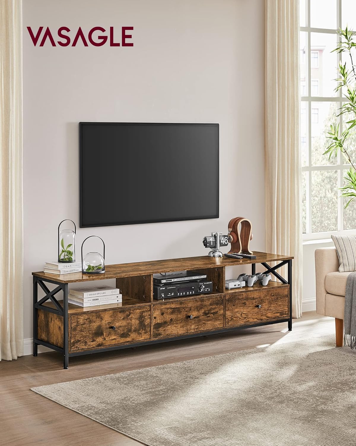 VASAGLE TV-Schrank, Lowboard für Fernseher bis zu 80 Zoll, Fernsehtisch mit 3 Schubladen, 3 offenen Fächern, 178 x 40 x 50 cm, Wohnzimmer, Stahlgestell, vintagebraun-schwarz LTV302B01