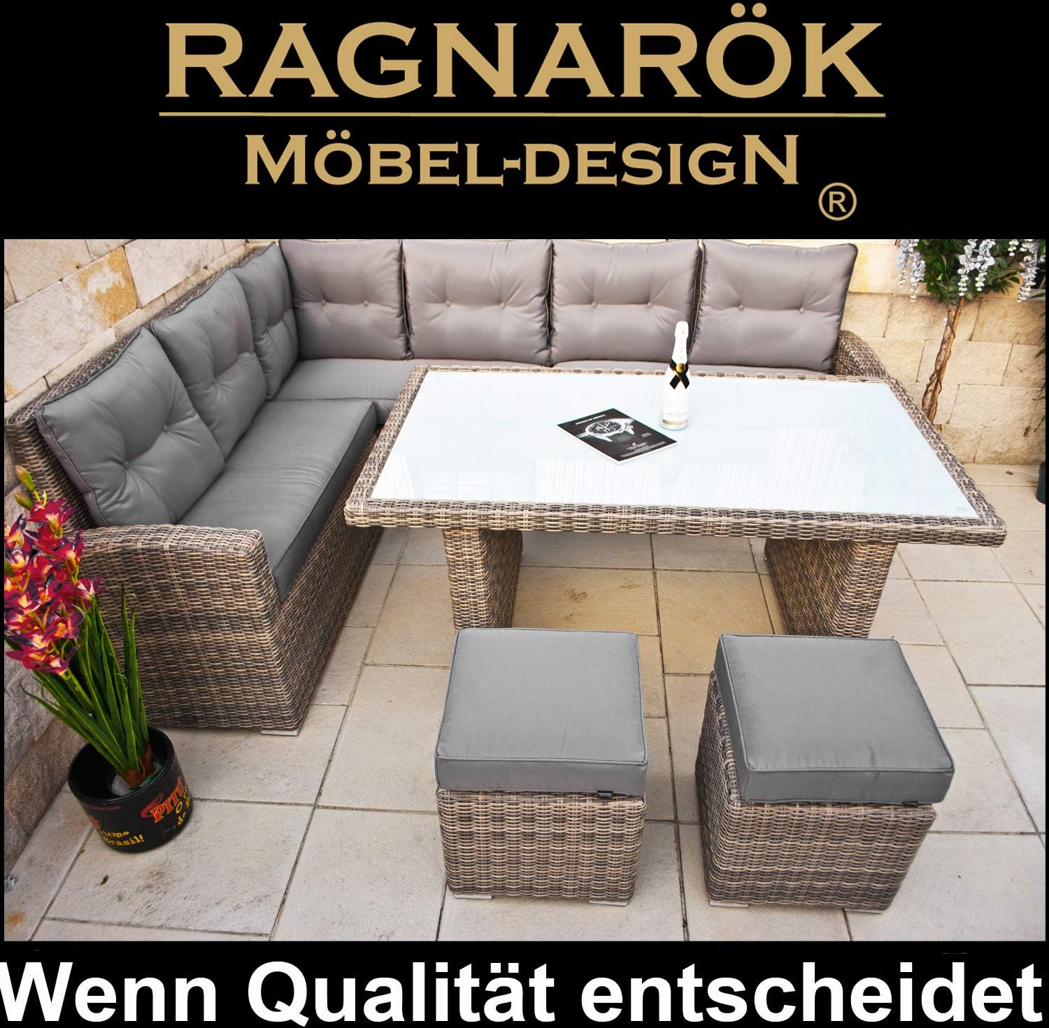 Premium PolyRattan Dining lounge - Deutscher Hersteller - 8 Jahre GARANTIE - Aluminium Gartenmöbel Essgruppe Polster Sitzkissen Grau Natur Rostfrei Esstisch Rattan Garten Sitzgruppe Tisch
