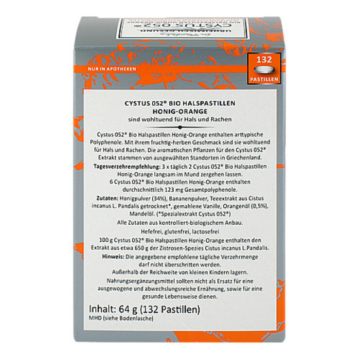 Cystus 052 Bio Halspastillen Honig Orange, 132 St