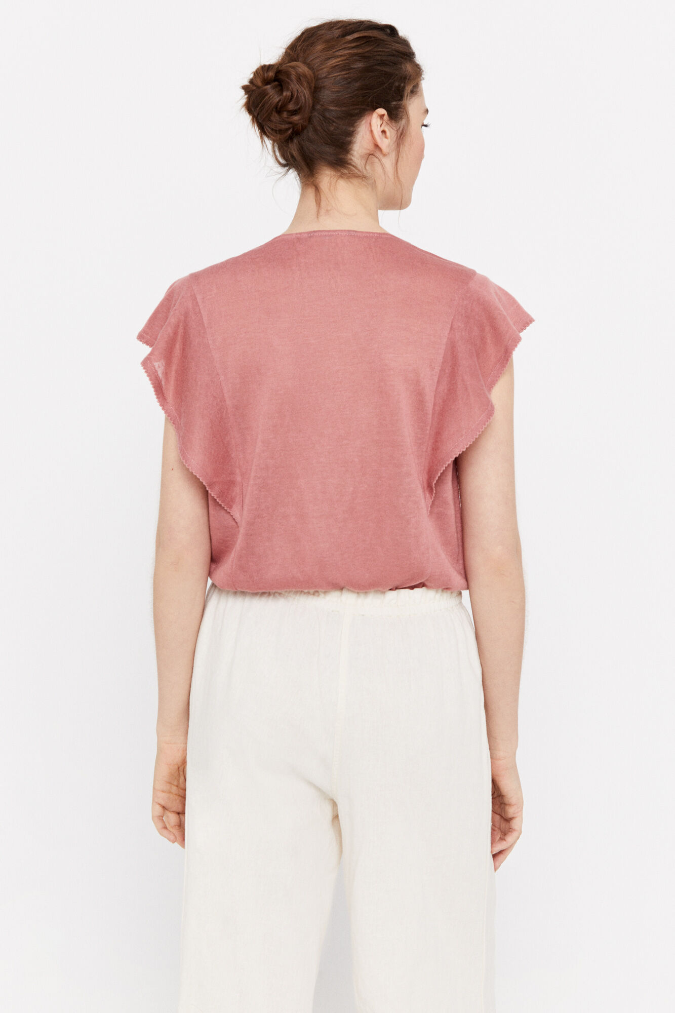 Camiseta com babados e efeito linho - Rosa
