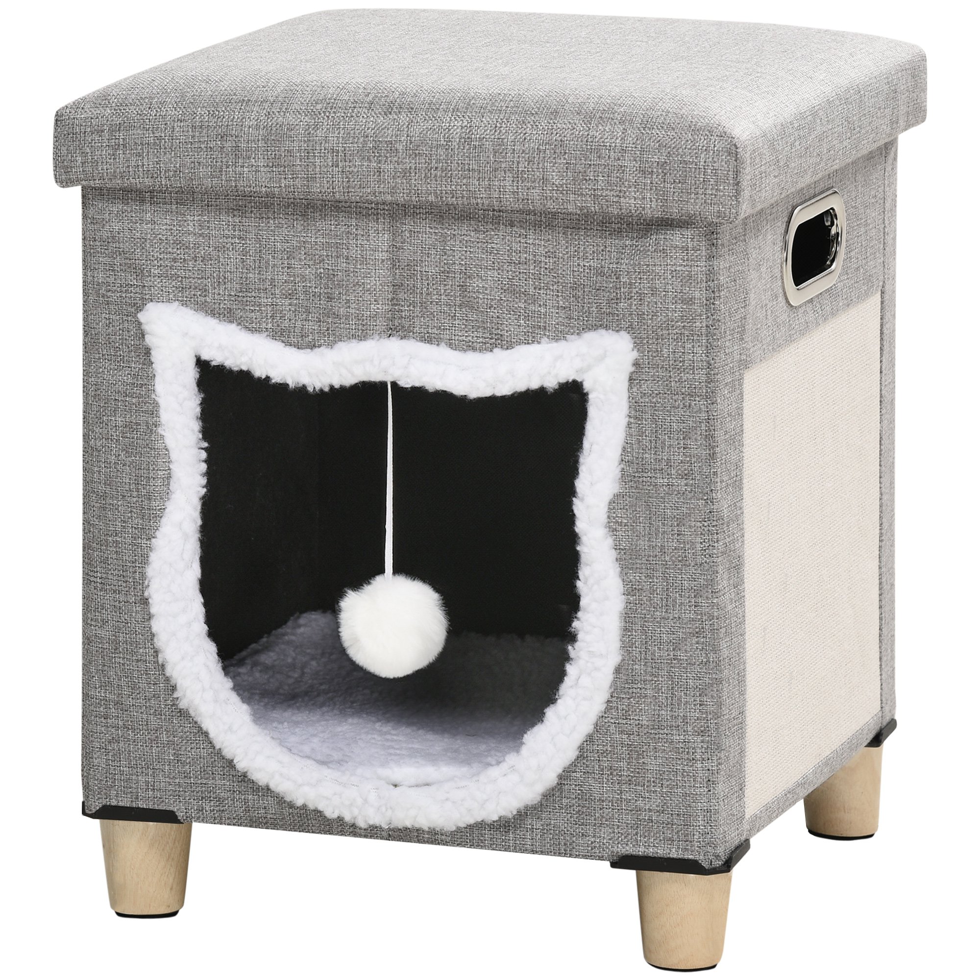 Cama-caverna 2 em 1 PawHut para gatos, casinha para gatos de interior, tipo apoio para os pés com almofada removível, bola pendurada e arranhador, 35,5 x 35,5 x 42,5 cm, cinza.