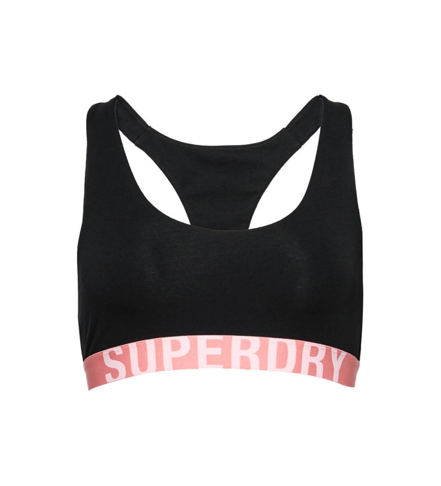 Sutiã curto estilo bralette em algodão orgânico Superdry com logo grande, preto.