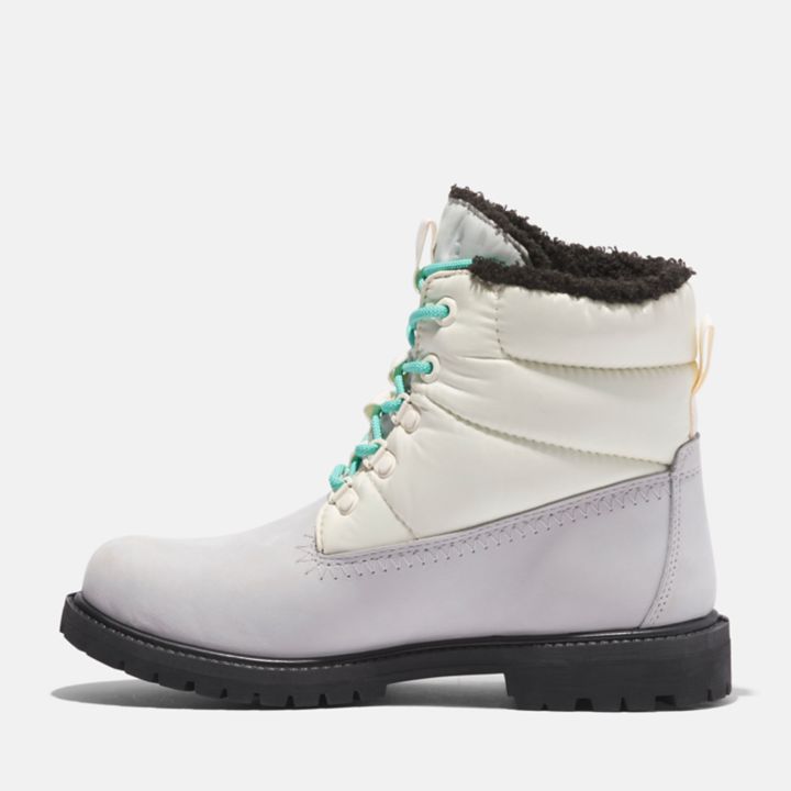 Bota Timberland Premium de 15 cm (6 polegadas) estilo puffer para mulheres, na cor cinza.