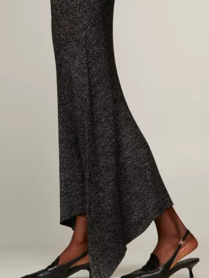 Vestido longo metálico acinturado e evasê