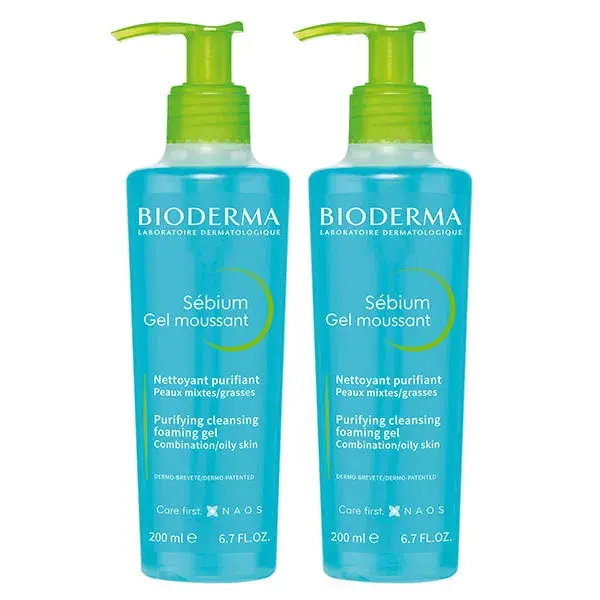 Bioderma Sébium Gel de Limpeza Facial Purificante para Pele Mista a Oleosa, Pacote com 2 x 200ml