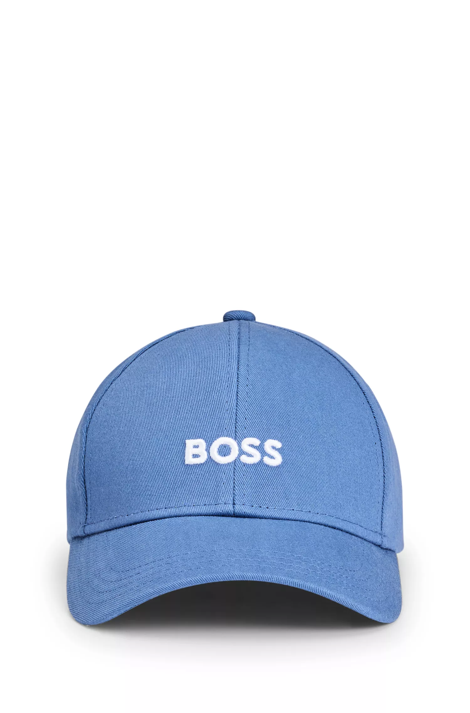 Boné BOSS de seis painéis em sarja de algodão preta com logotipo bordado.