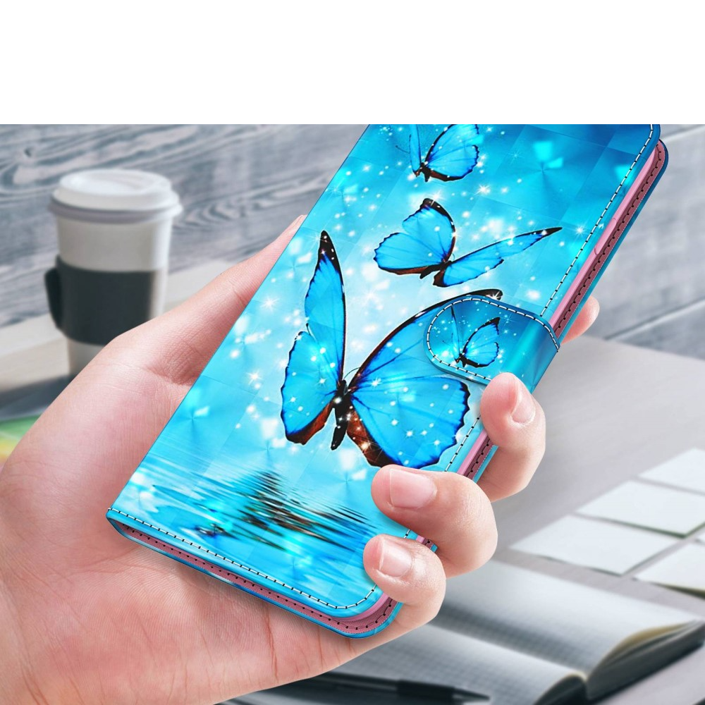 Samsung Galaxy S23 Ultra 5G Leder Tasche mit Kartenfach   Handschlaufe - Blaue Schmetterlinge