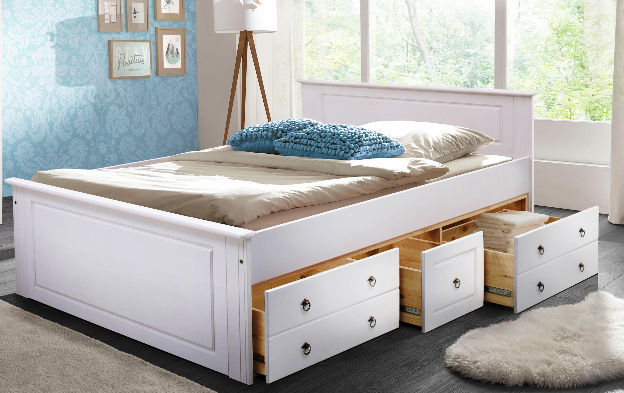 GOODproduct Massivholzbett »Hugo, FSC® zertifiziertes Massivholz, Landhausstil« Breite/Belastbarkeit 180cm/200KG, 140cm/180KG, auch als Super Sparset,  Stauraumbett, optional inklusive Schubladen, extra belastbar
