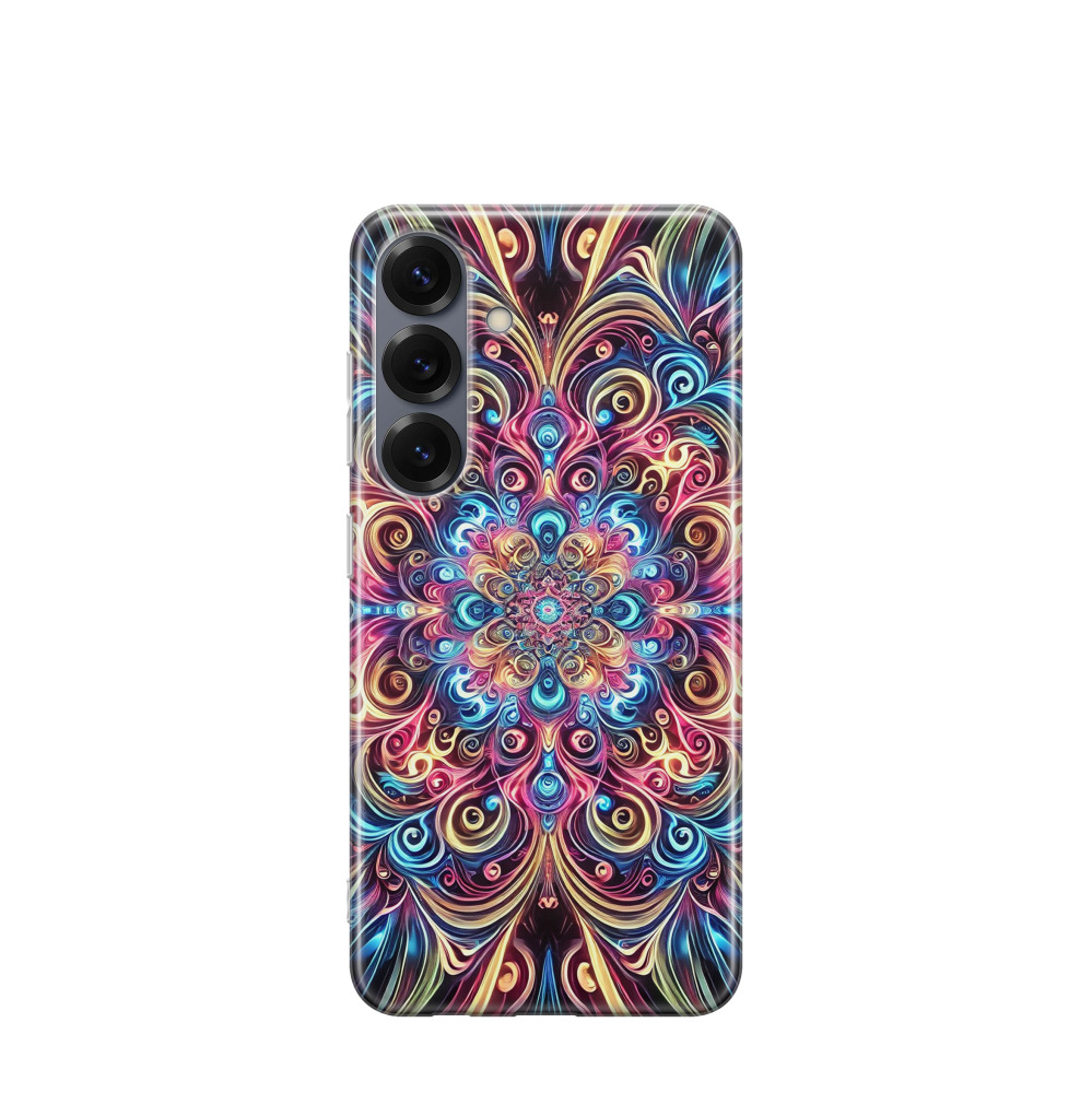 Samsung Galaxy S25 Gummi Hülle Neon Mandala - Blau / Gelb / Rot