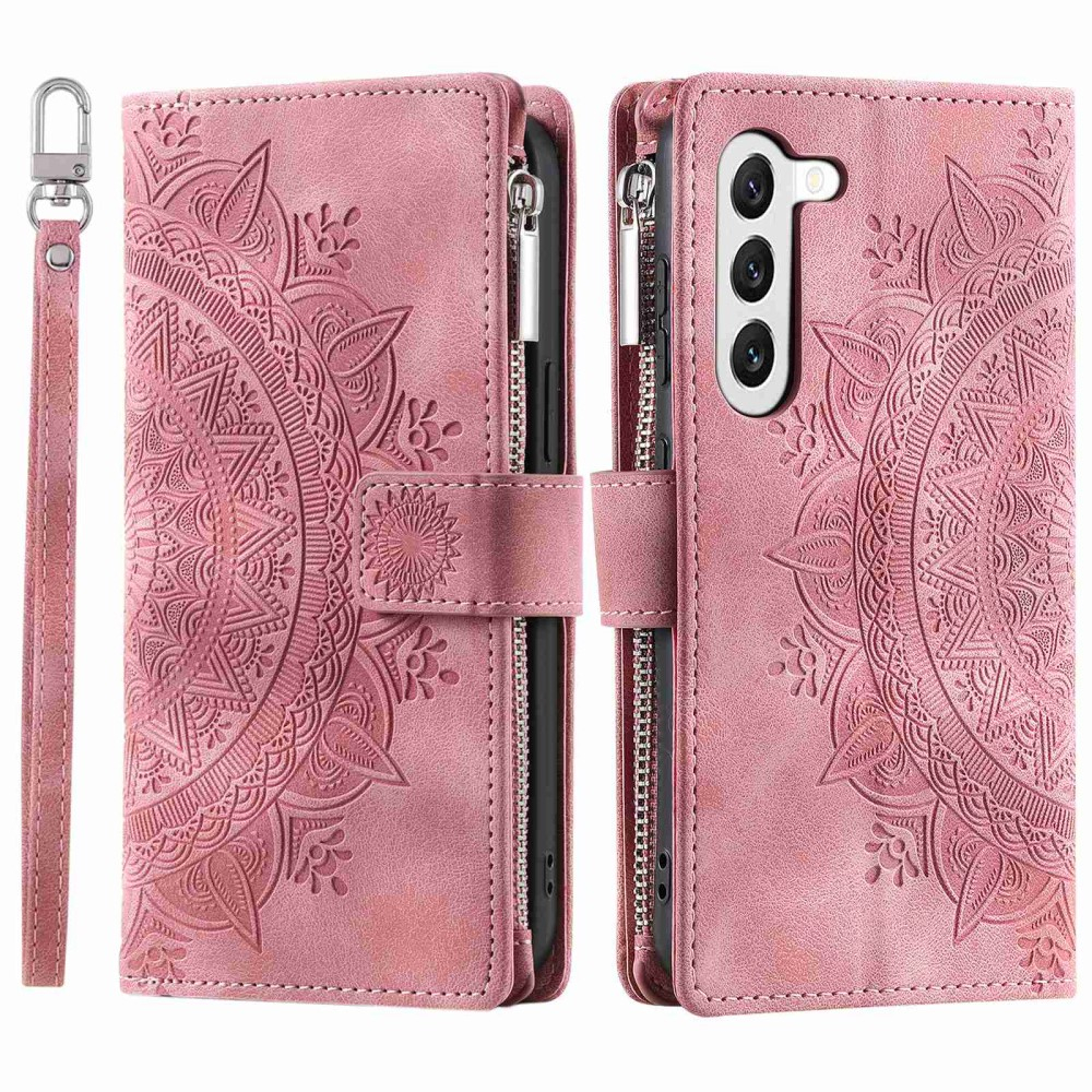 Samsung Galaxy S23 5G Leder Tasche Flip Cover mit Reissverschluss - Mandala Flowers Imprint - Rosa