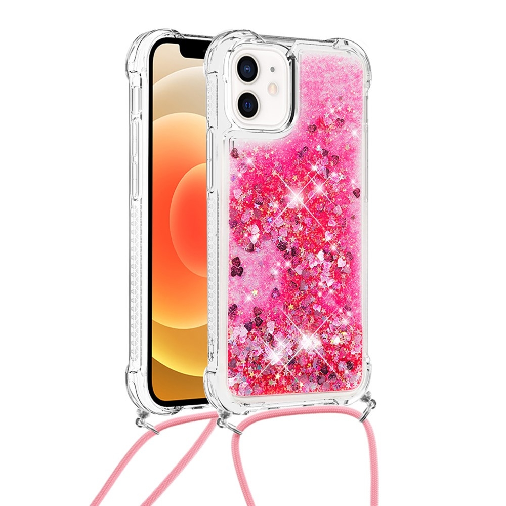 iPhone 12 / iPhone 12 Pro Necklace Gummi Hülle Liquid Glitzer   Handykette (130cm) - Pink