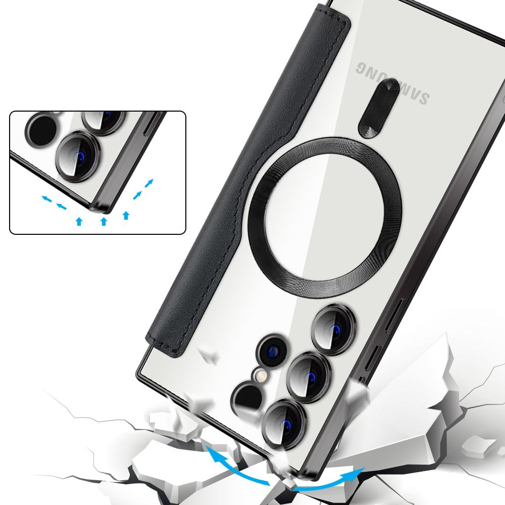 Samsung Galaxy S24 Ultra Hybrid Leder Tasche   Kunststoff Rückseite MagSafe-Modul - Schwarz / Transparent