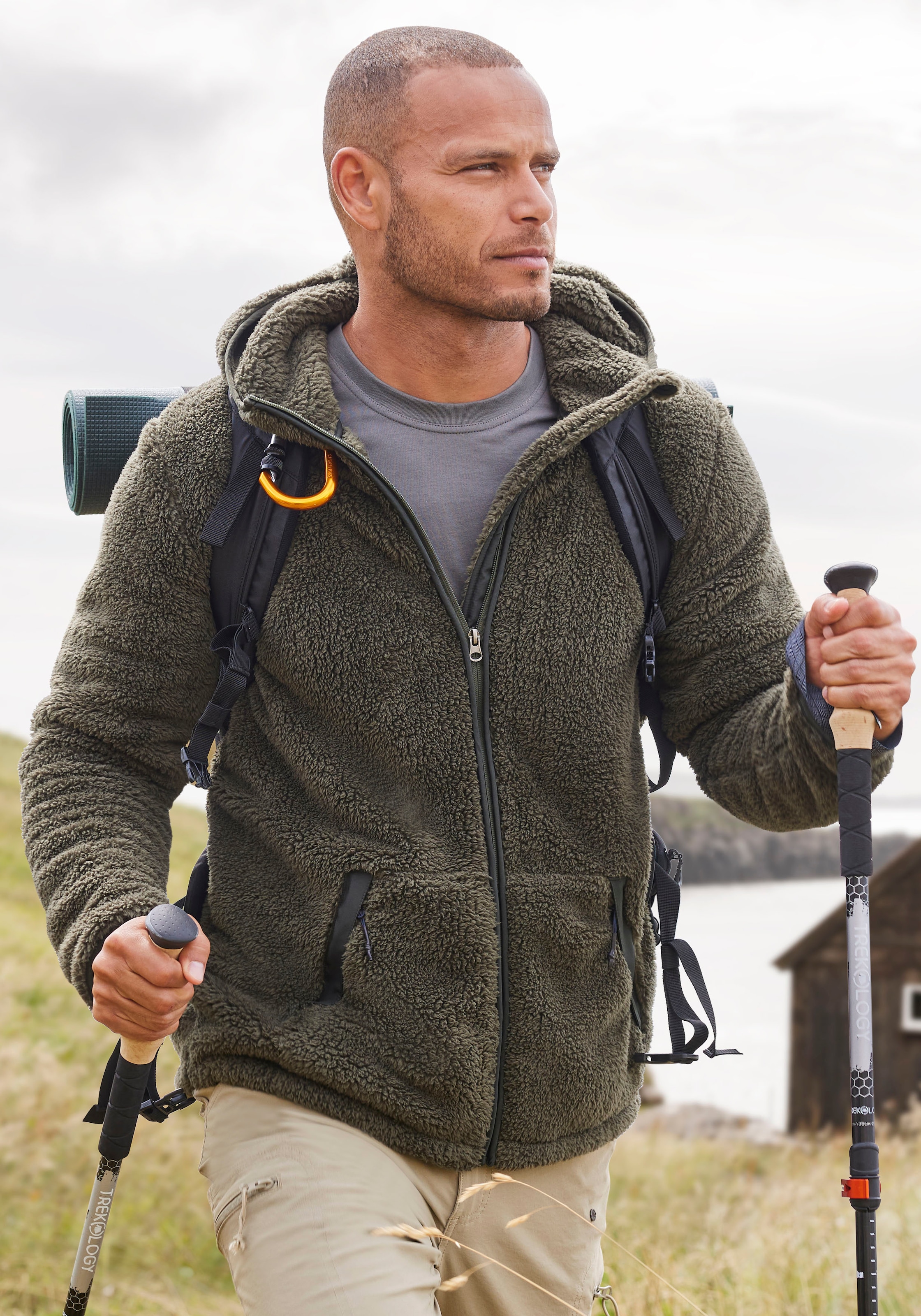John Devin Kapuzenstrickjacke , in weichem Teddyfleece