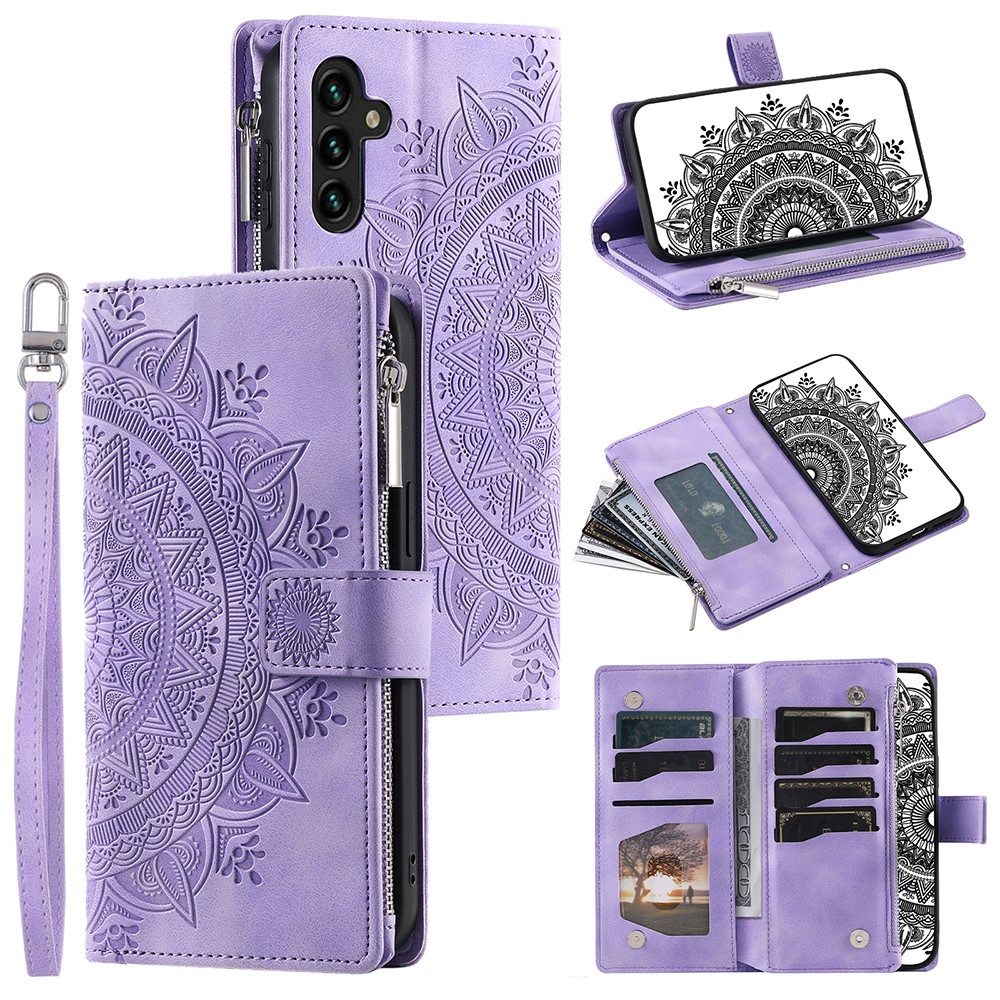 Samsung Galaxy A54 5G Leder Tasche Flip Cover mit Reissverschluss - Mandala Flowers Imprint - Lila
