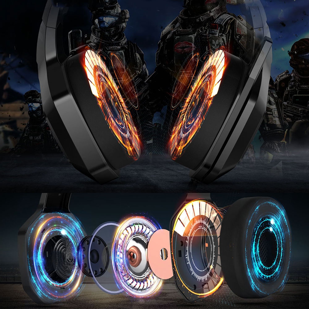 K10 Gaming USB Kopfhörer Over-Ear LED Stereo Headset mit Mikrofon   3.5mm Klinken - Schwarz (Design II)