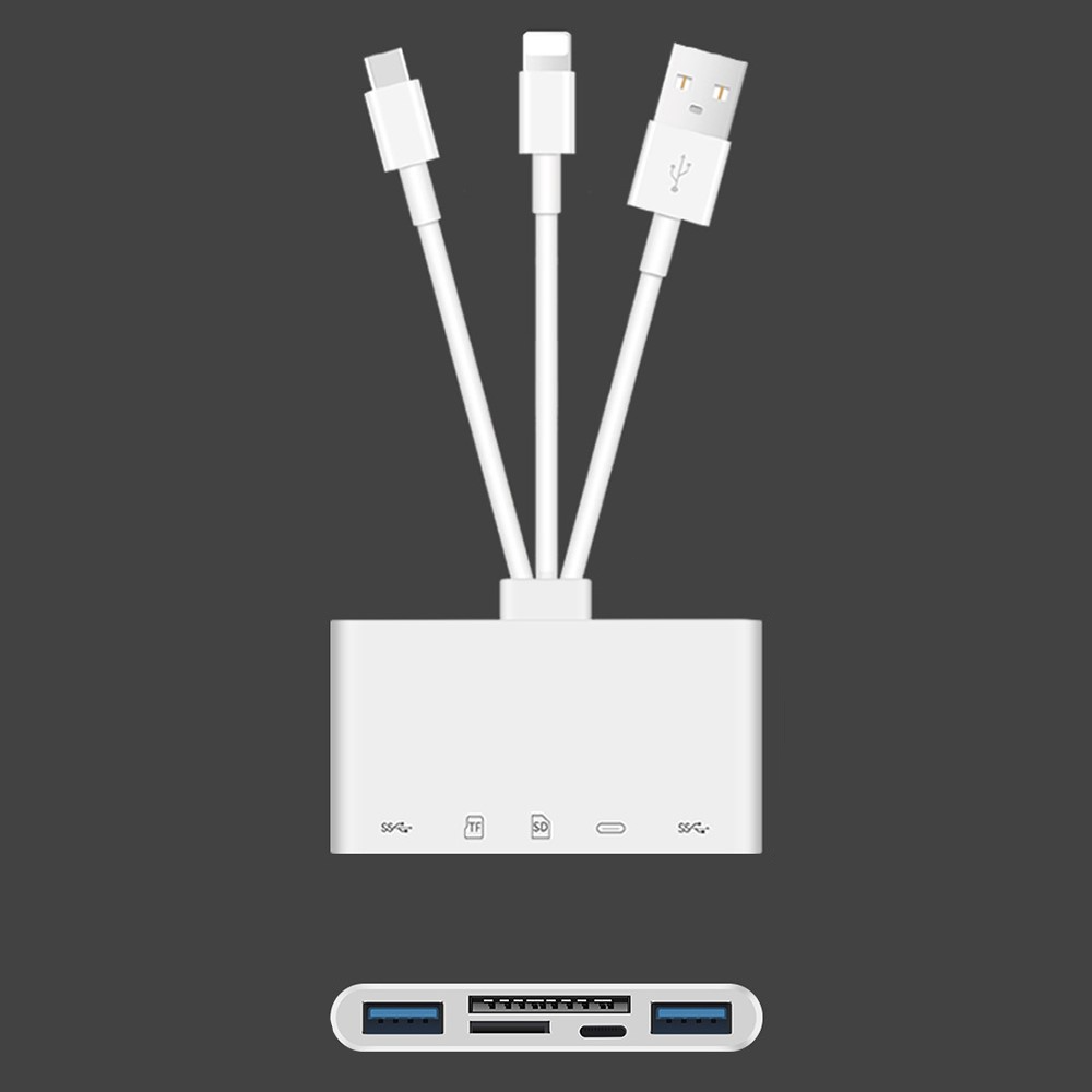 (10cm) Lightning / USB A / USB C auf SD / Micro SD Kartenlesegerät / Dual USB A / Lightning Lade Adapter für Apple iPhone / iPad / MacBook - Weiss