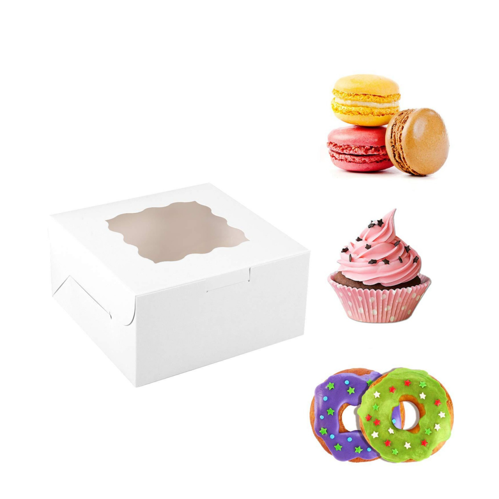 (5er Set) 15x15cm Karton Tortenschachtel Kuchen Transportbox mit Bordüren Fenster - Weiss