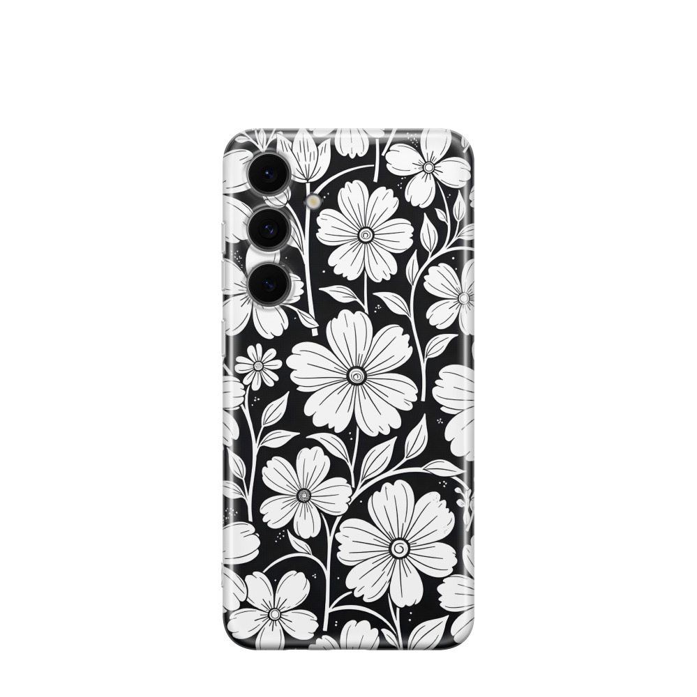 Samsung Galaxy S24 FE Gummi Hülle Schwarz-Weiss-Blüten - Schwarz