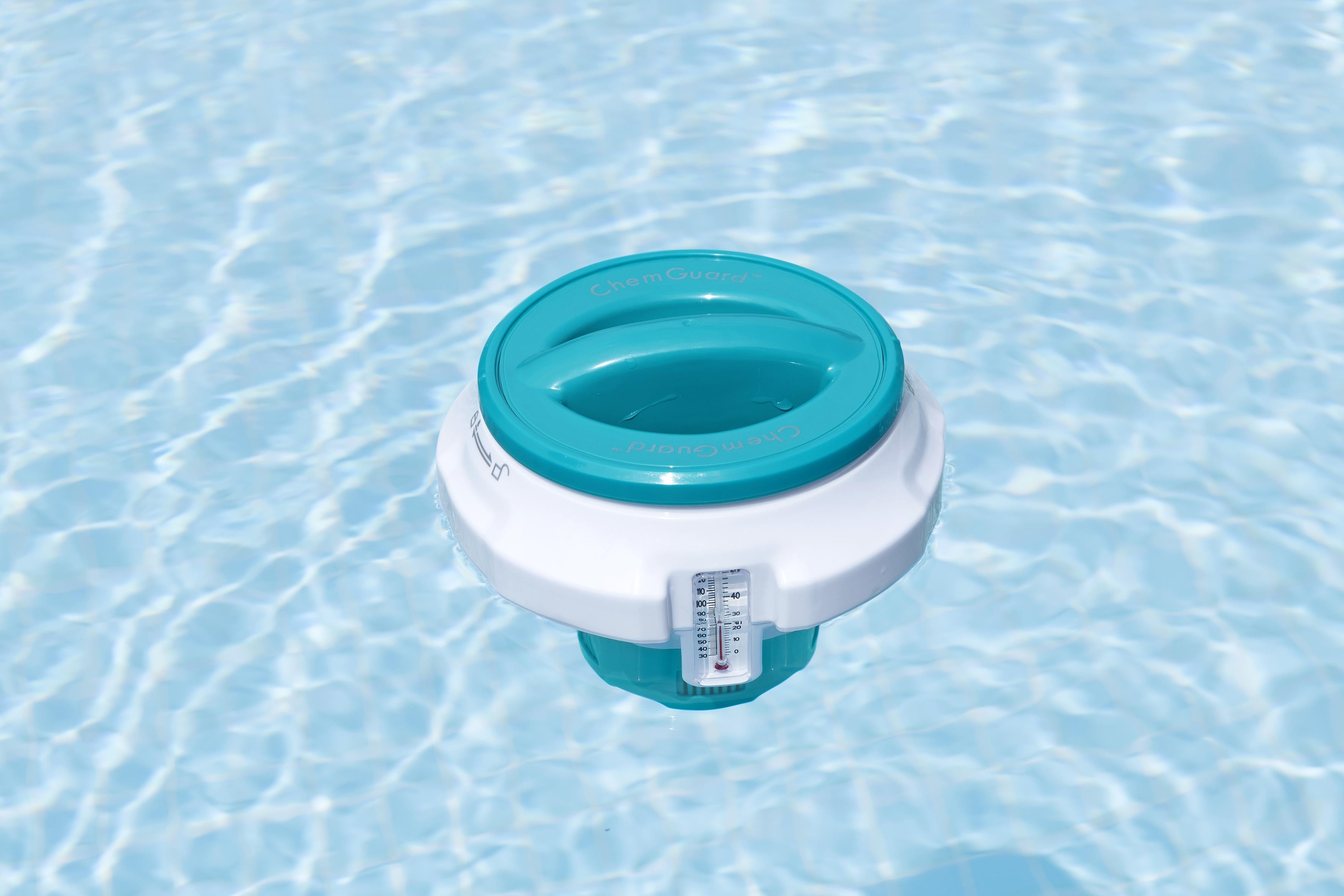 Chemguard™ Schwimmender Chlor Spender Pool Dosierschwimmer mit Thermometer Reinigungs Zubehör für Chlortabletten (58701) - Blau