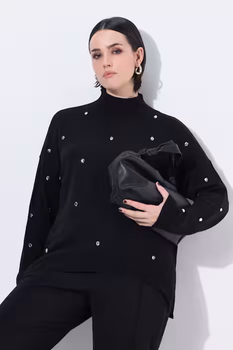 Pullover, Ziersteine, Oversized, Stehkragen, Langarm, schwarz