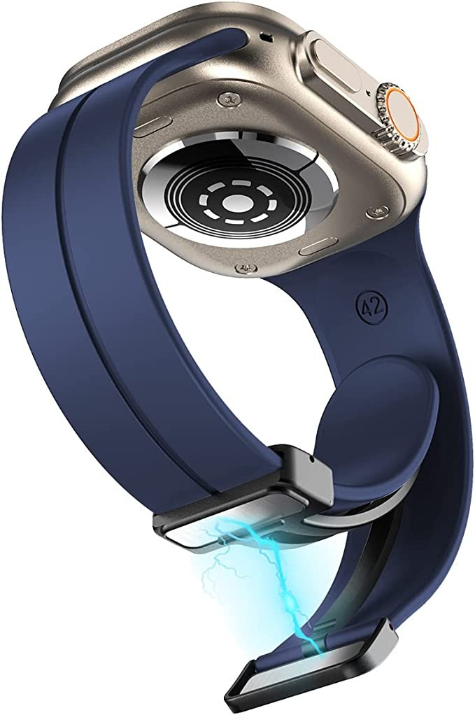 Apple Watch (49/46/45/44 mm) Ersatz Silikon Sport Armband mit magnetischer Faltschliesse (Gelenkumfang: 175-210mm) - Dunkelblau